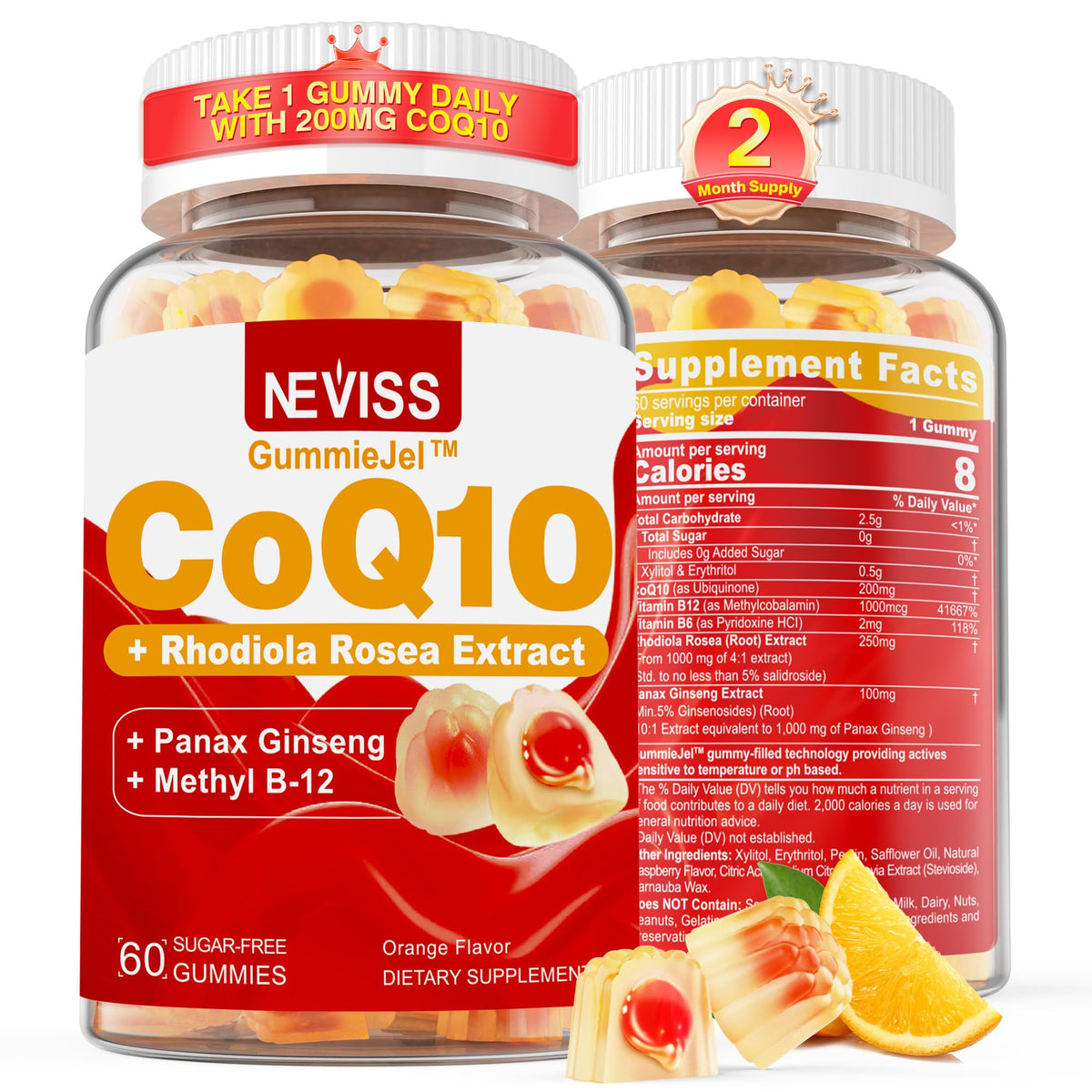 NEVISS gomitas CoQ10 sin azúcar en envase para energía diaria.