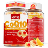 NEVISS gomitas CoQ10 sin azúcar en envase para energía diaria.