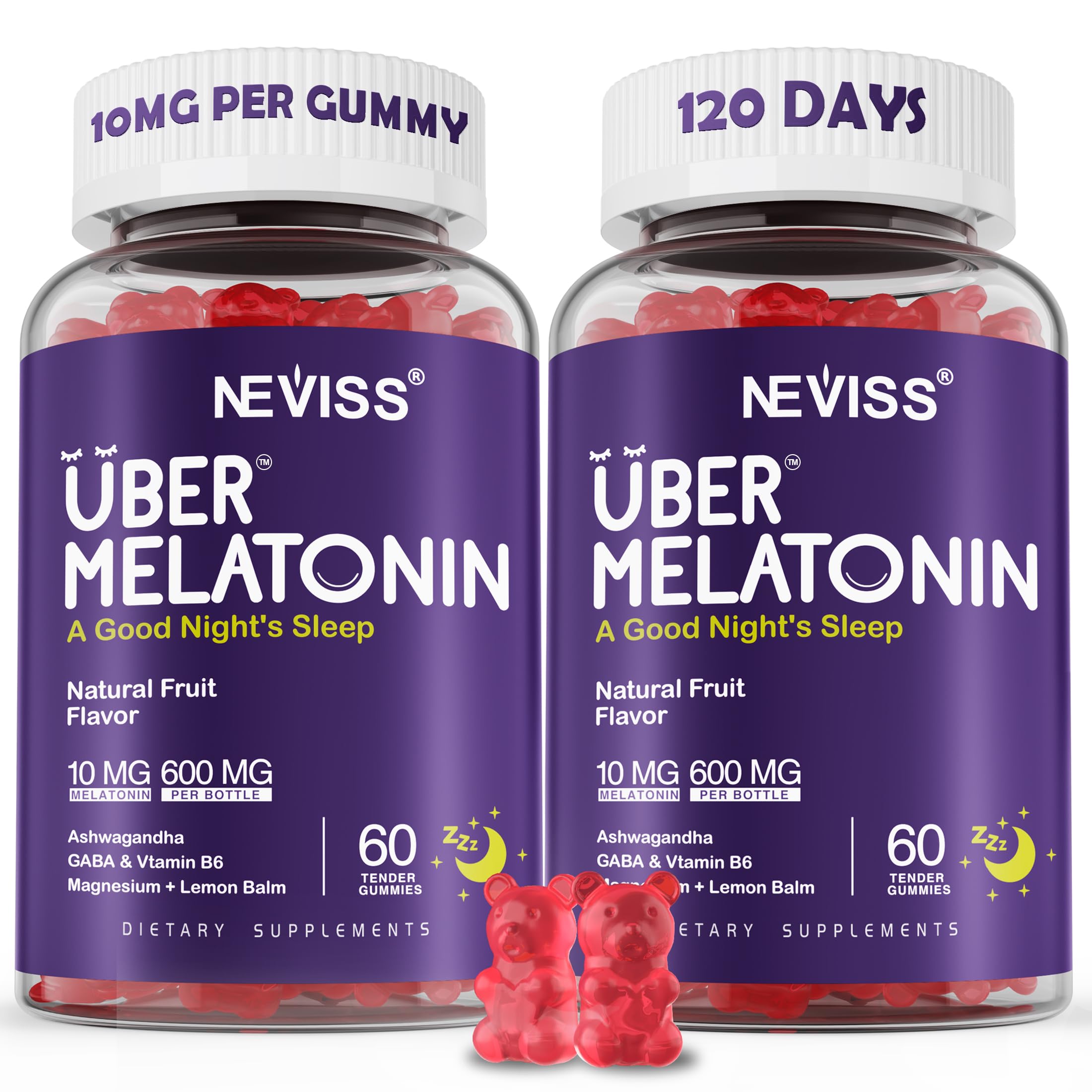 NEVISS gomitas melatonina 10 mg en frasco, fácil de usar cada noche.