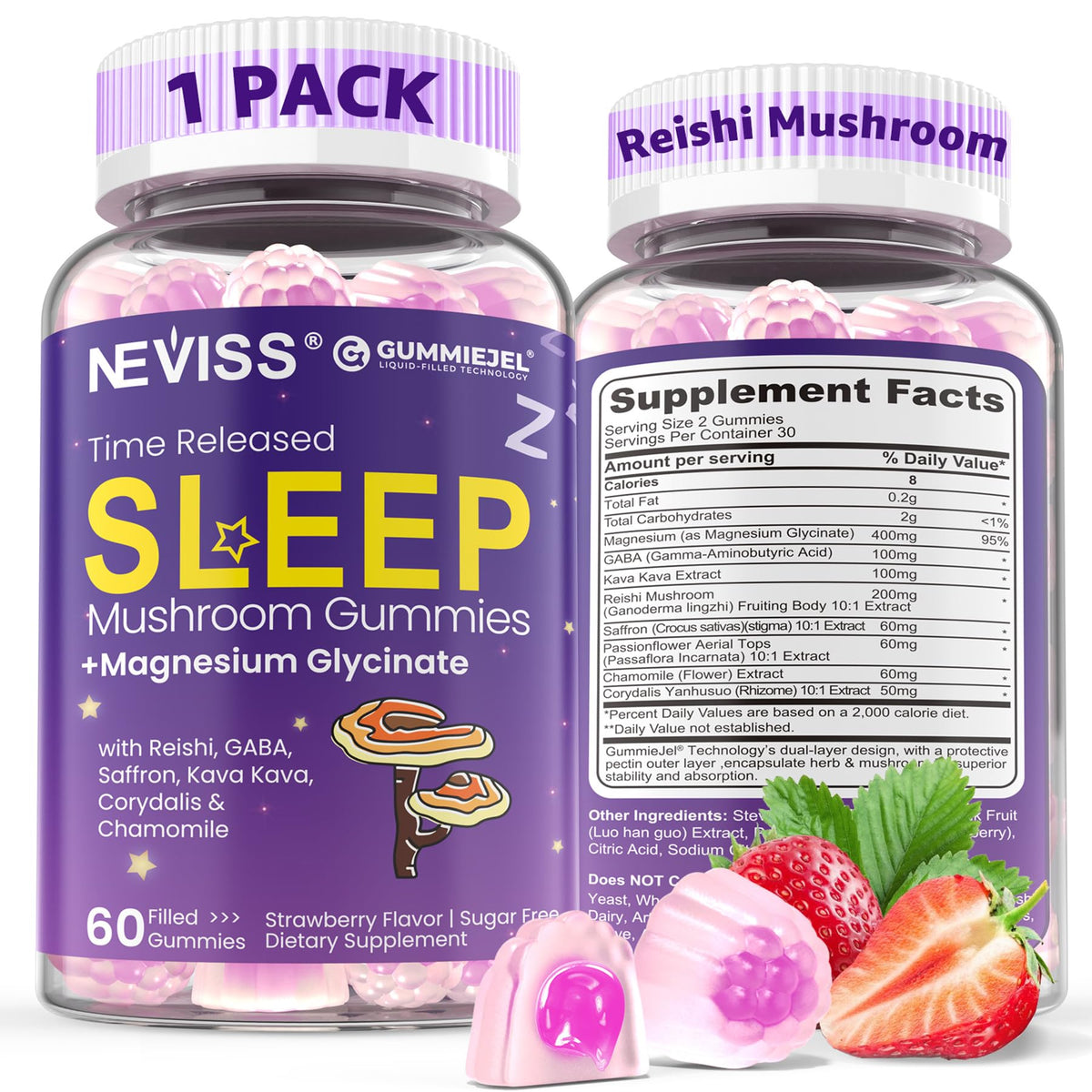 NEVISS Reishi gomitas en bote para relajación nocturna y sueño profundo