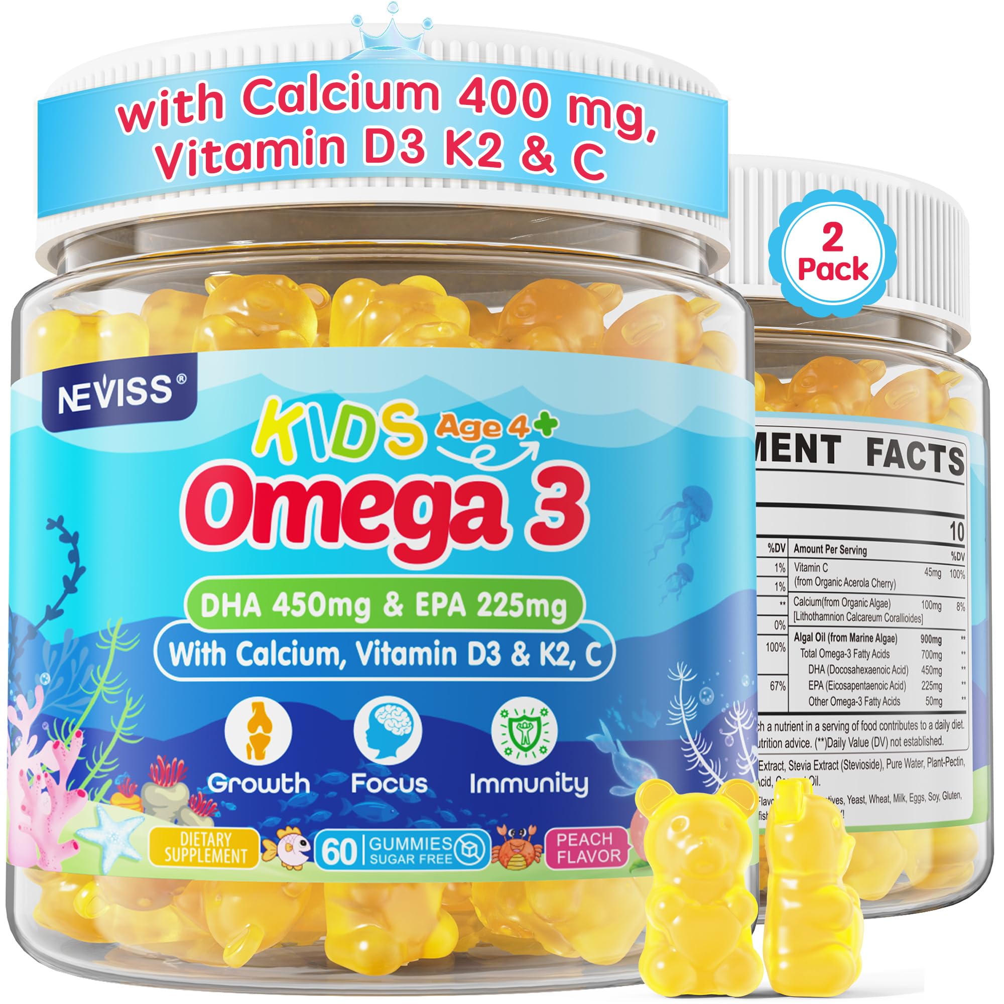 NEVISS Kids Omega-3 gominolas en empaque infantil, opción atractiva para niños.