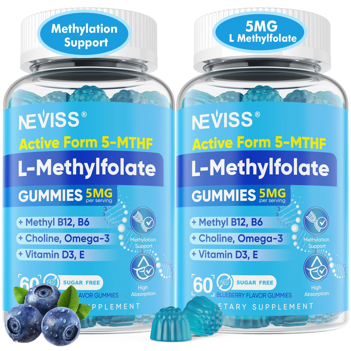 NEVISS L-metilfolato gummies botella: impulso diario de energía y enfoque.