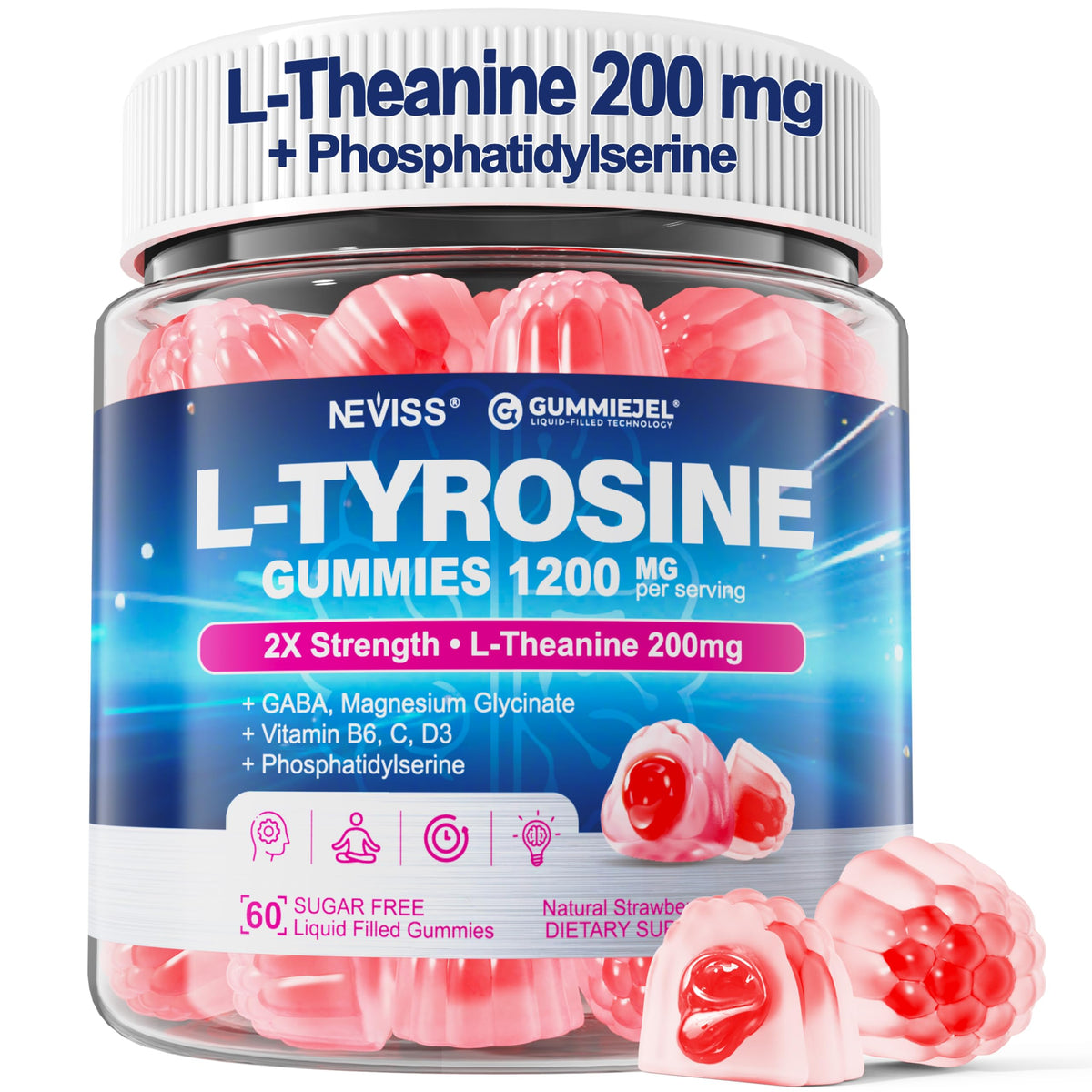 NEVISS L Tyrosine Gummies en bote, enfoque sostenido sin agotamiento.