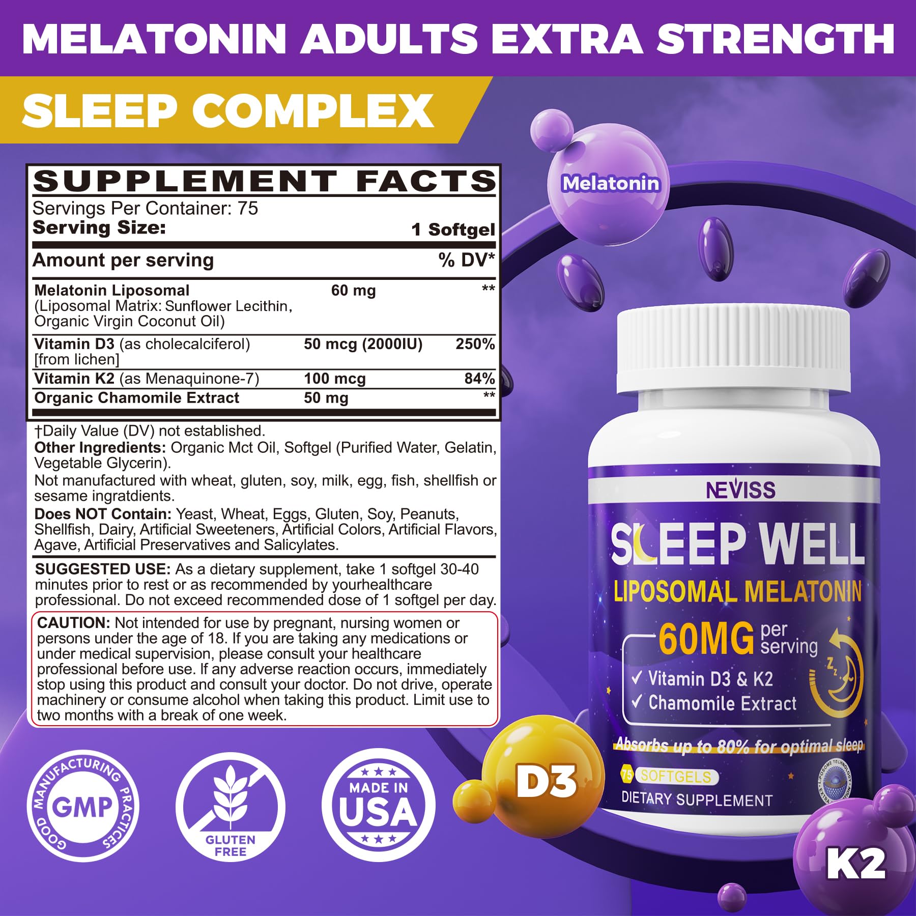 NEVISS Melatonina 60mg - etiqueta: información clara para uso nocturno.
