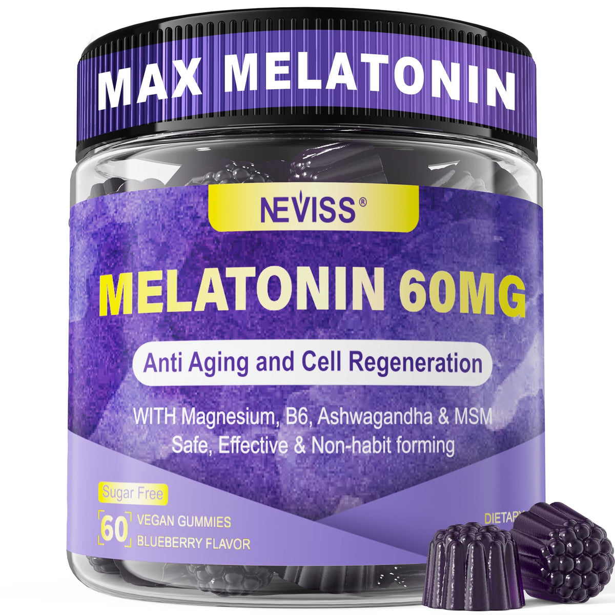 NEVISS melatonina 60 mg, frasco de gominolas, apoyo nocturno y antioxidante
