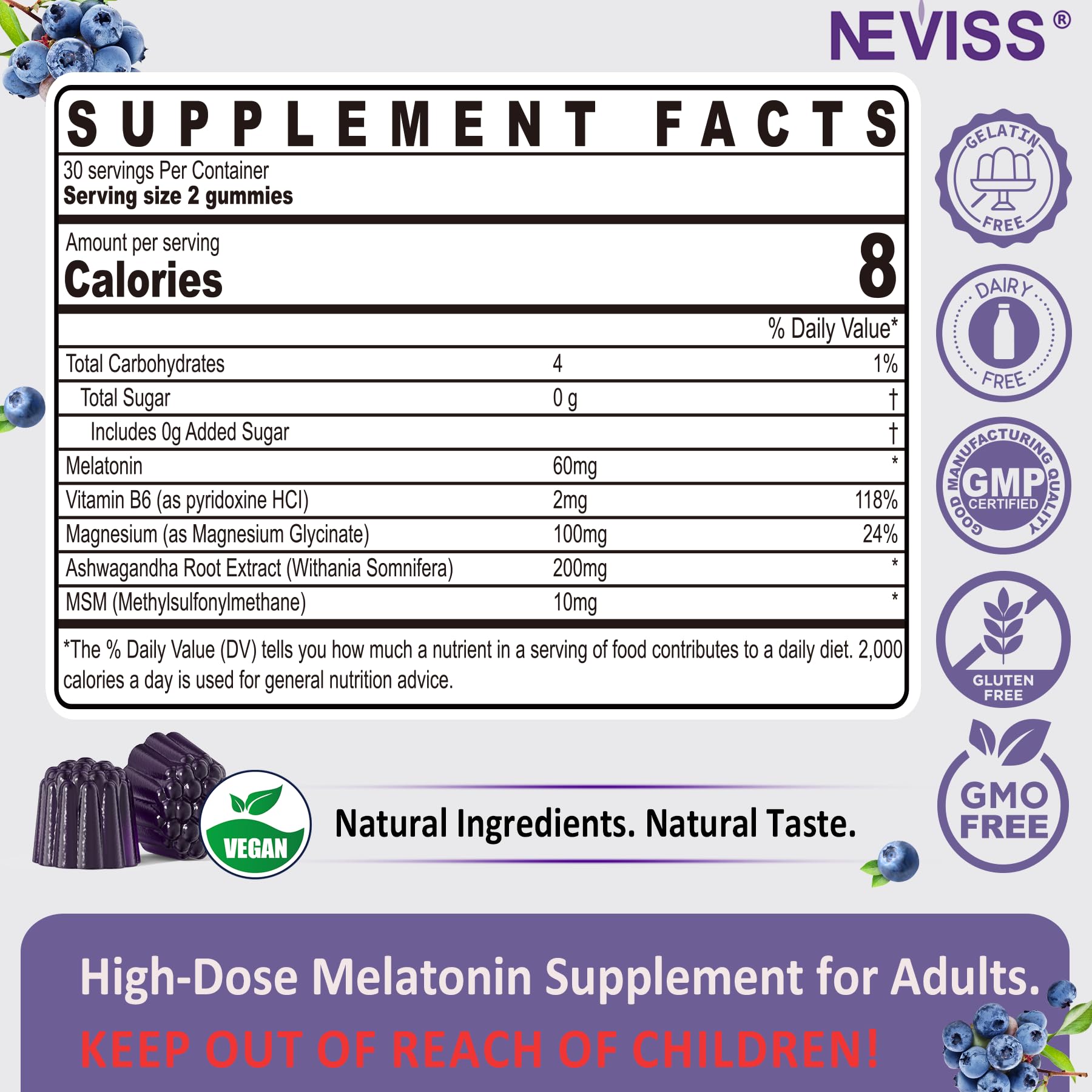 NEVISS melatonina 60 mg, gominola con textura suave para la noche