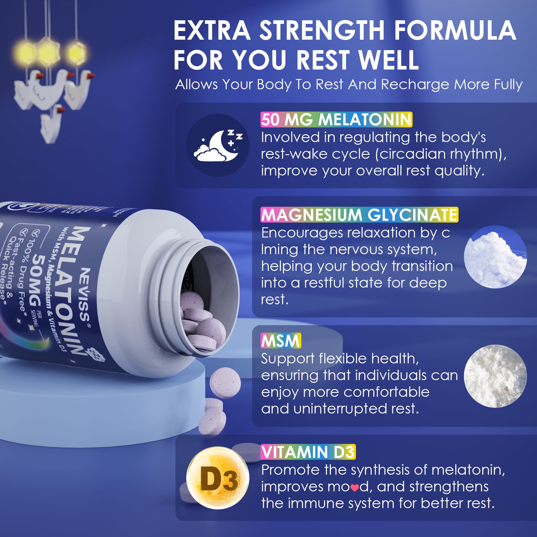 NEVISS Melatonina, magnesio glicinato para relajación muscular.