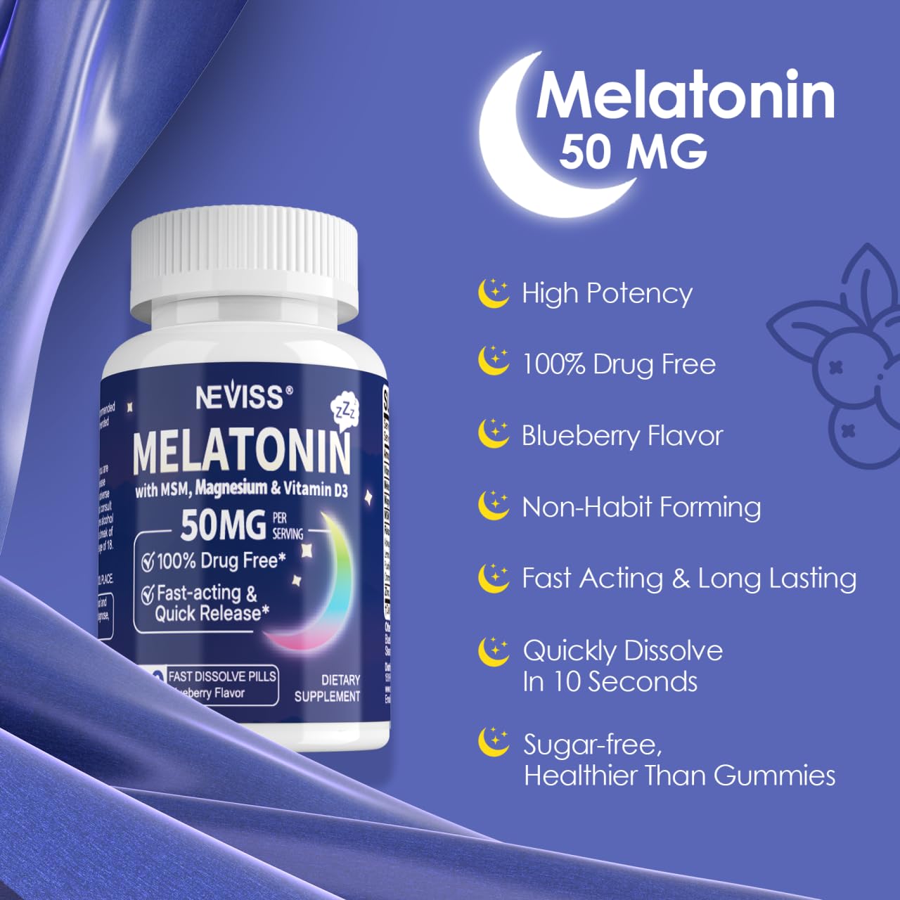 NEVISS Melatonina sin azúcar y vegana para noches tranquilas.