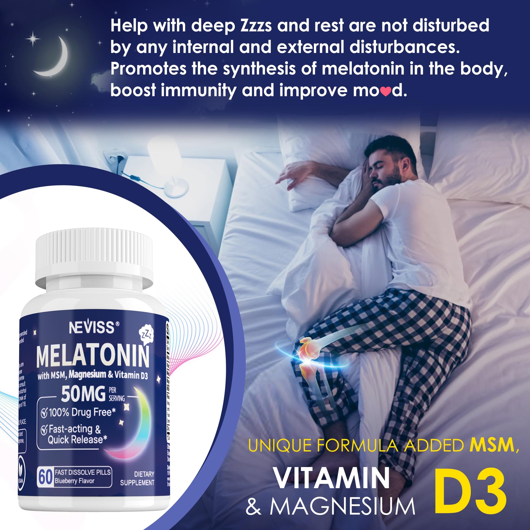 NEVISS Melatonina con D3 y zinc, apoyo al descanso nocturno.