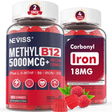 NEVISS Methyl B12 gominolas en botella muestran sabor a frambuesa para energía diaria.