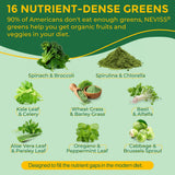 NEVISS mezcla de verdes con espirulina y brócoli, visual de ingredientes nutritivos.