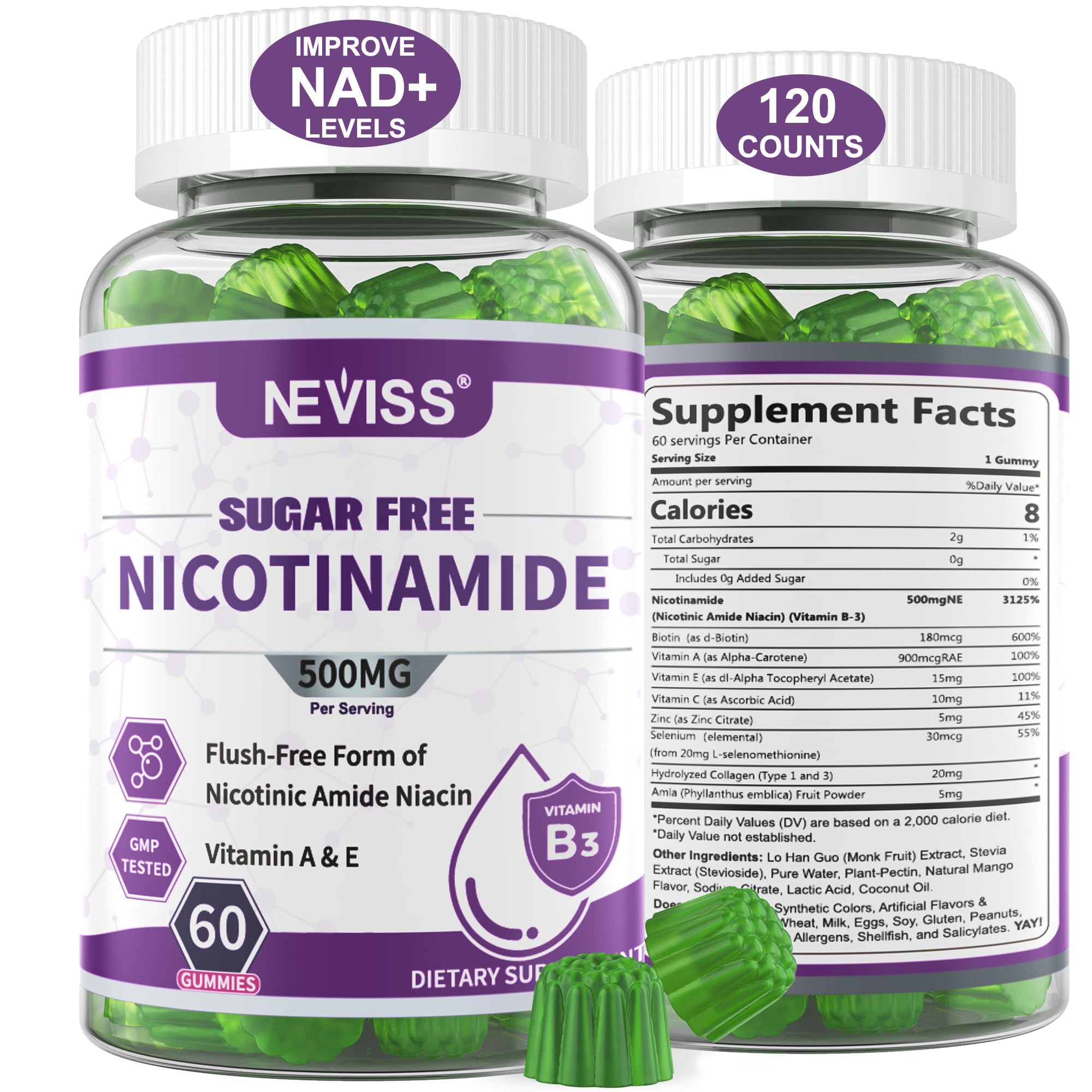NEVISS Nicotinamida 500 mg gominolas en envase, apoyan la energía diaria.