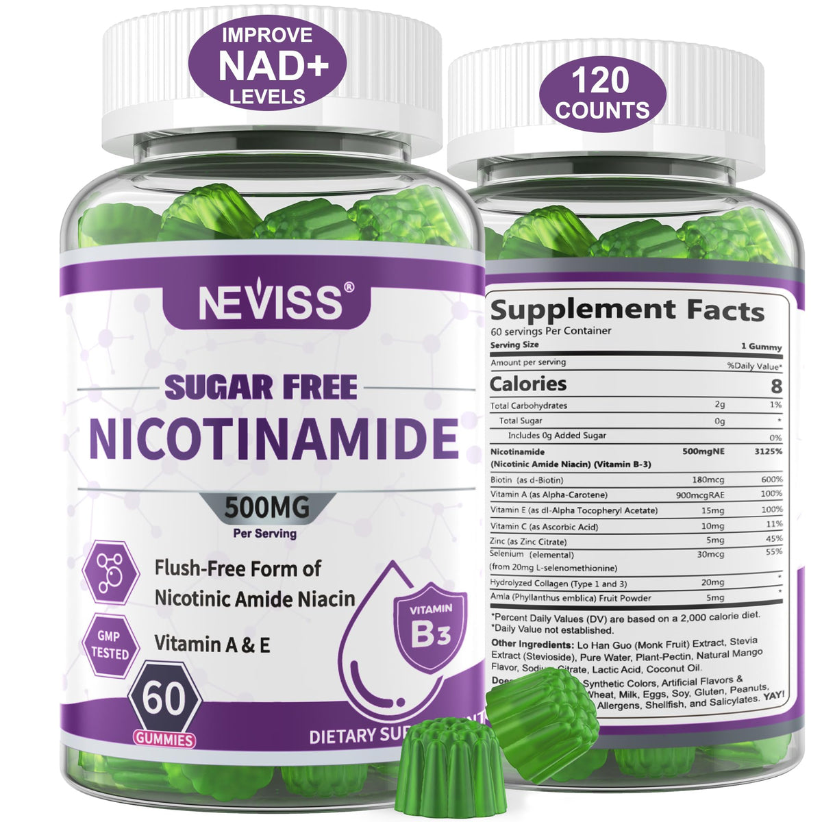 NEVISS Nicotinamida 500 mg gominolas en envase, apoyan la energía diaria.