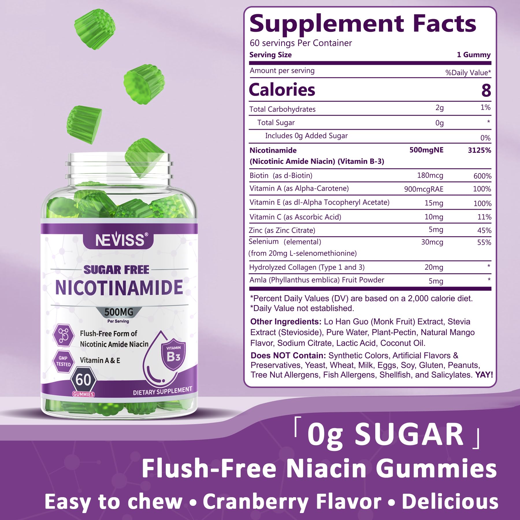 NEVISS Nicotinamida 500 mg gominolas sabor arándano, sabor afrutado para momentos activos.
