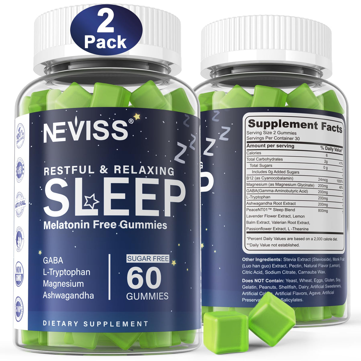 NEVISS gominolas sin melatonina, botella frontal, favorecen una relajación suave para dormir.