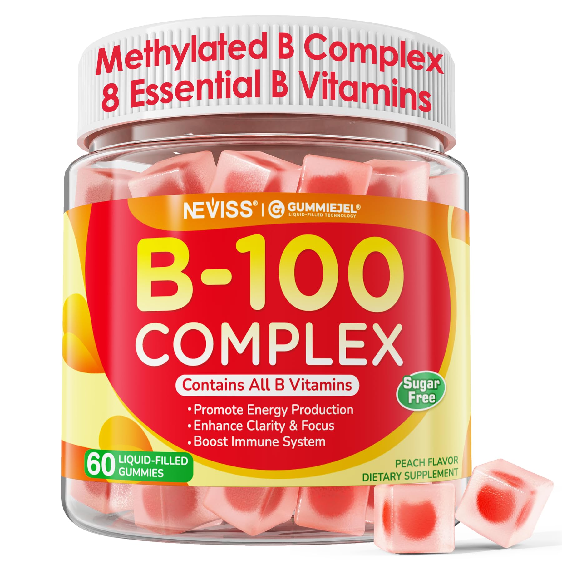 NEVISS Super Vitamin B Complex Gummies en botella, apoyo a energía diaria.
