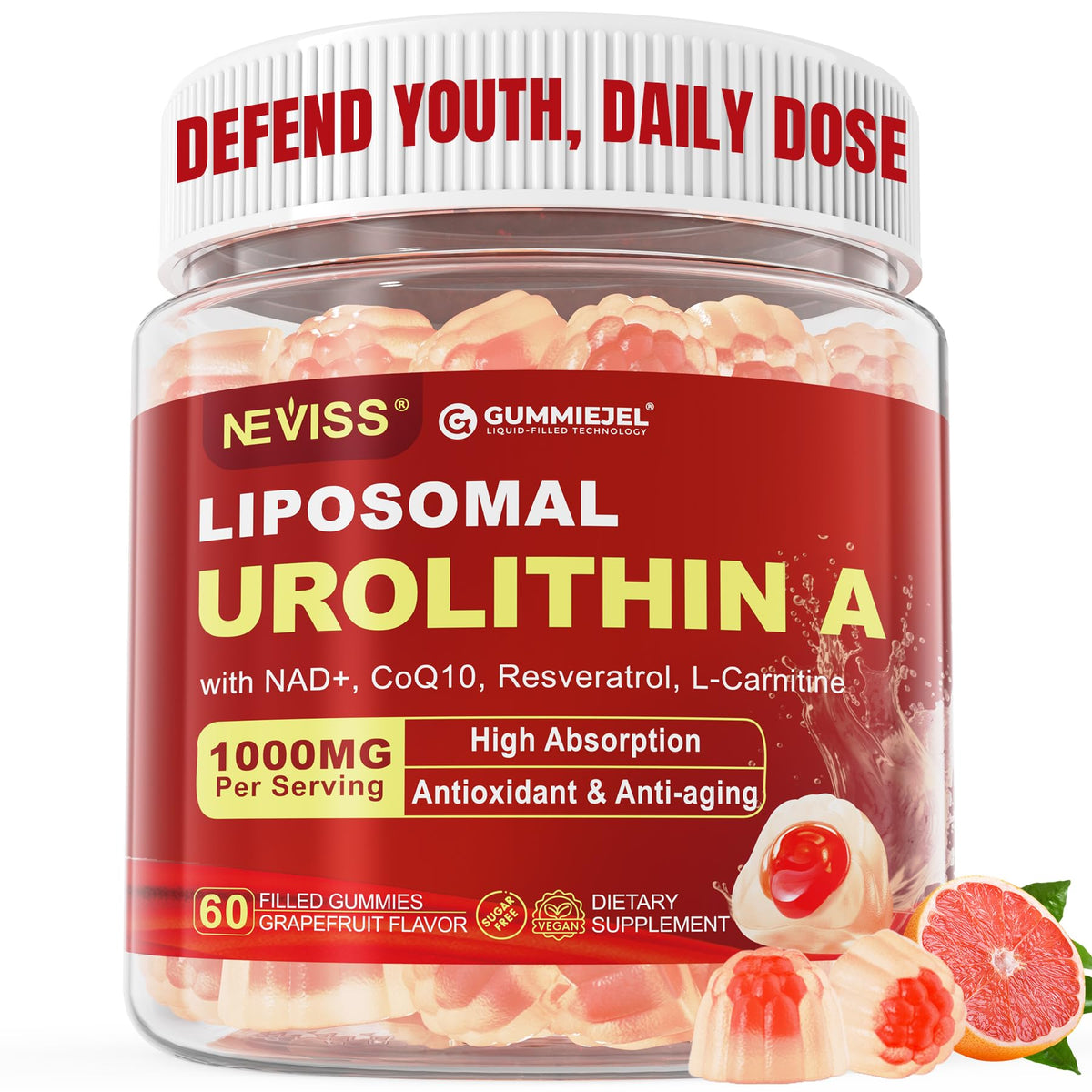 NEVISS Urolitina A en envase para longevidad y energía diaria.