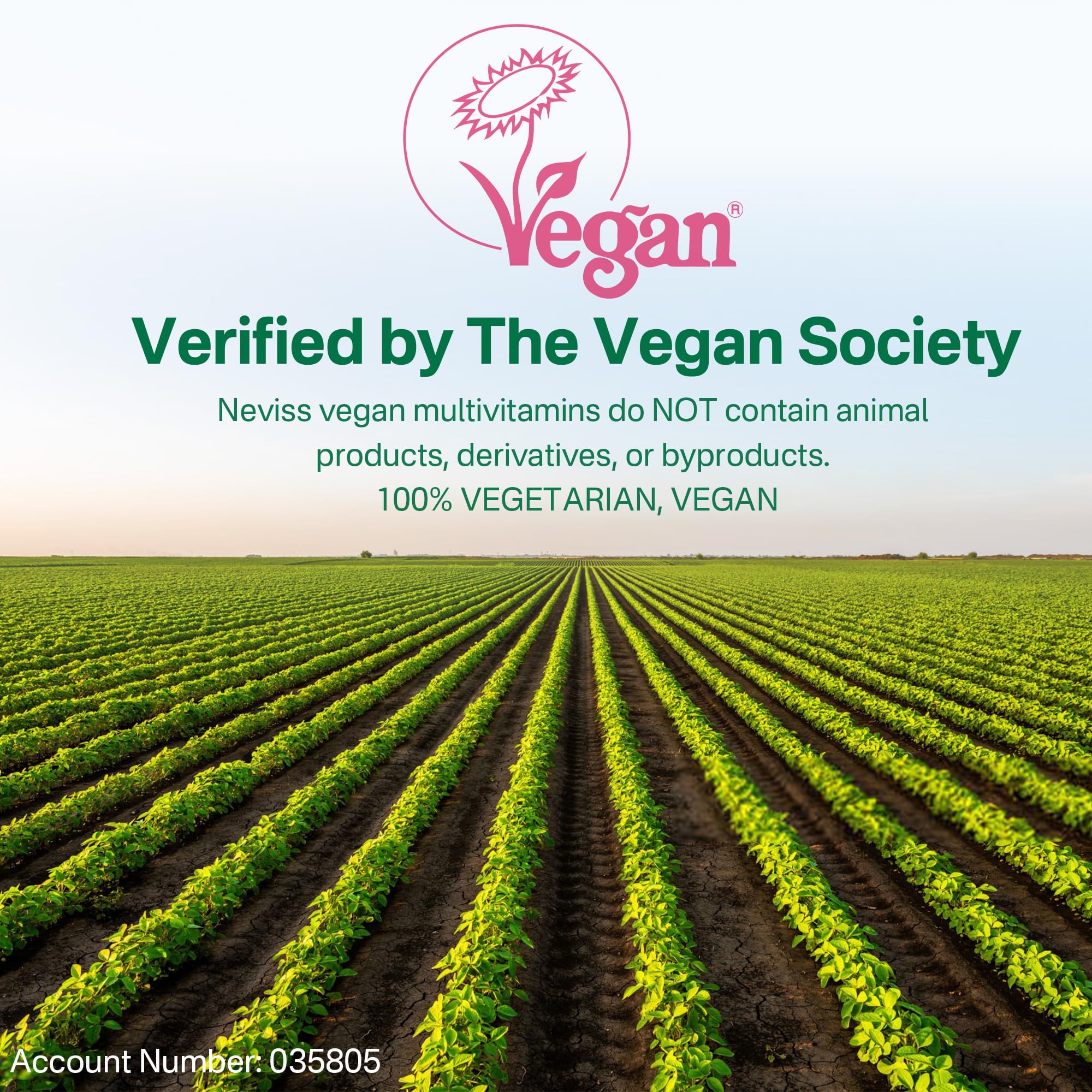 NEVISS Vegan Society certificado: empaque y nutrición vegetal confiables.
