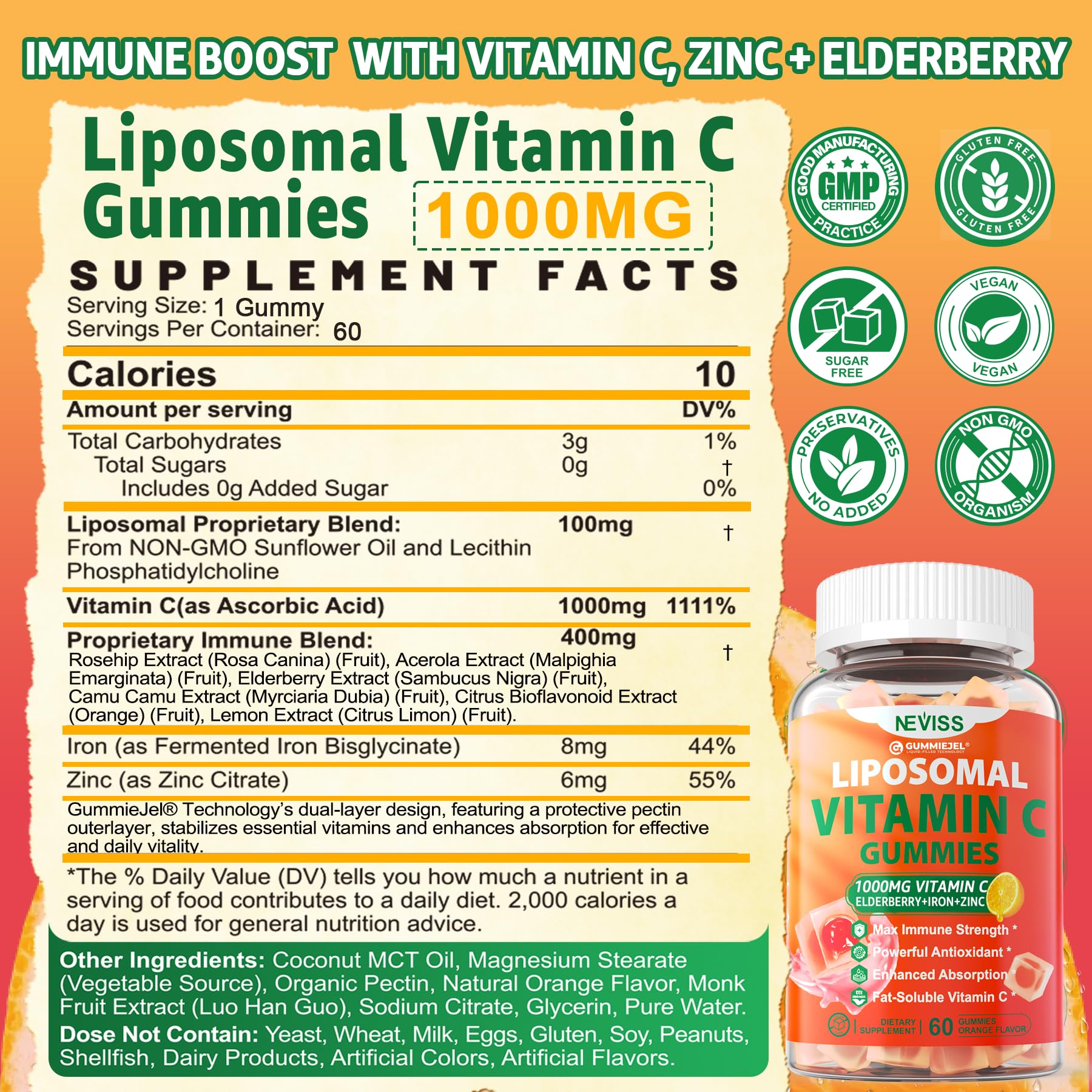 NEVISS Vitamina C liposomal gomitas, etiqueta del envase, liberación avanzada.