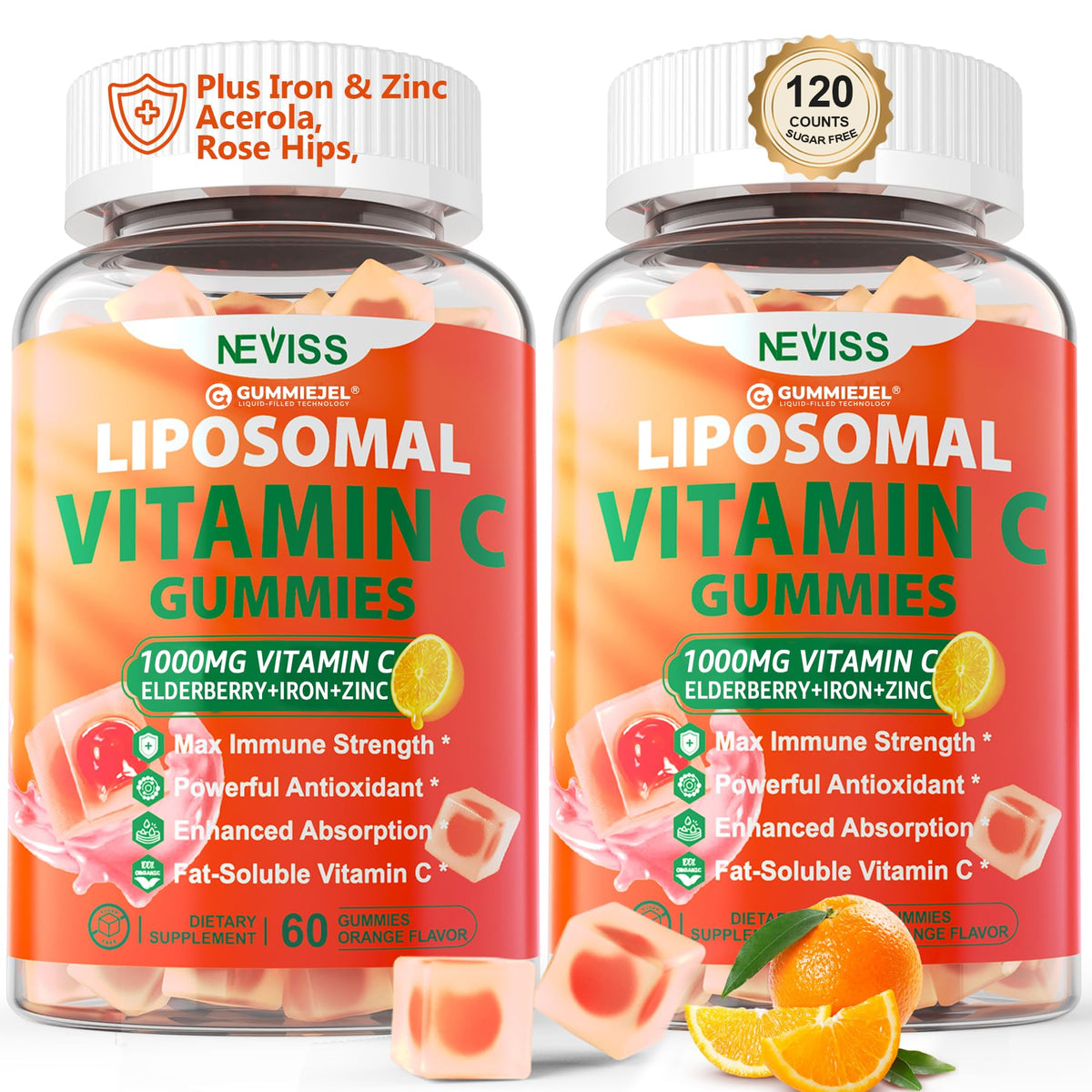 NEVISS Vitamina C liposomal gomitas, vista frontal, posible apoyo inmunitario diario.