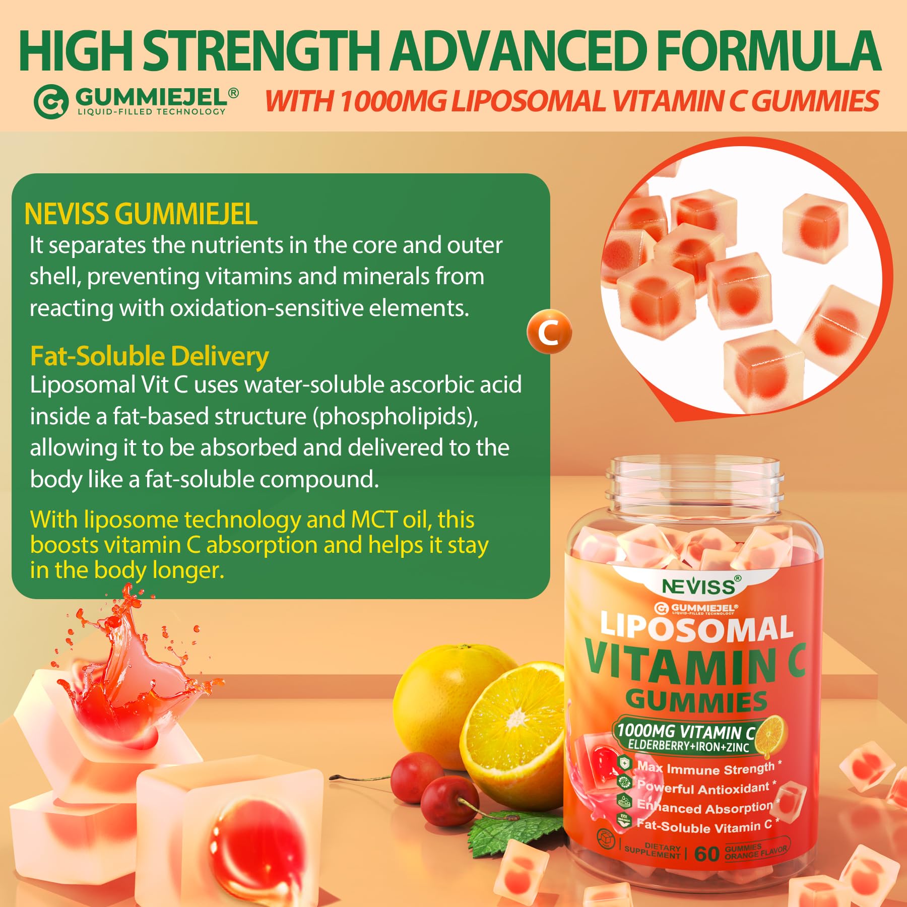 NEVISS Vitamina C liposomal sin azúcares, uso diario recomendado.