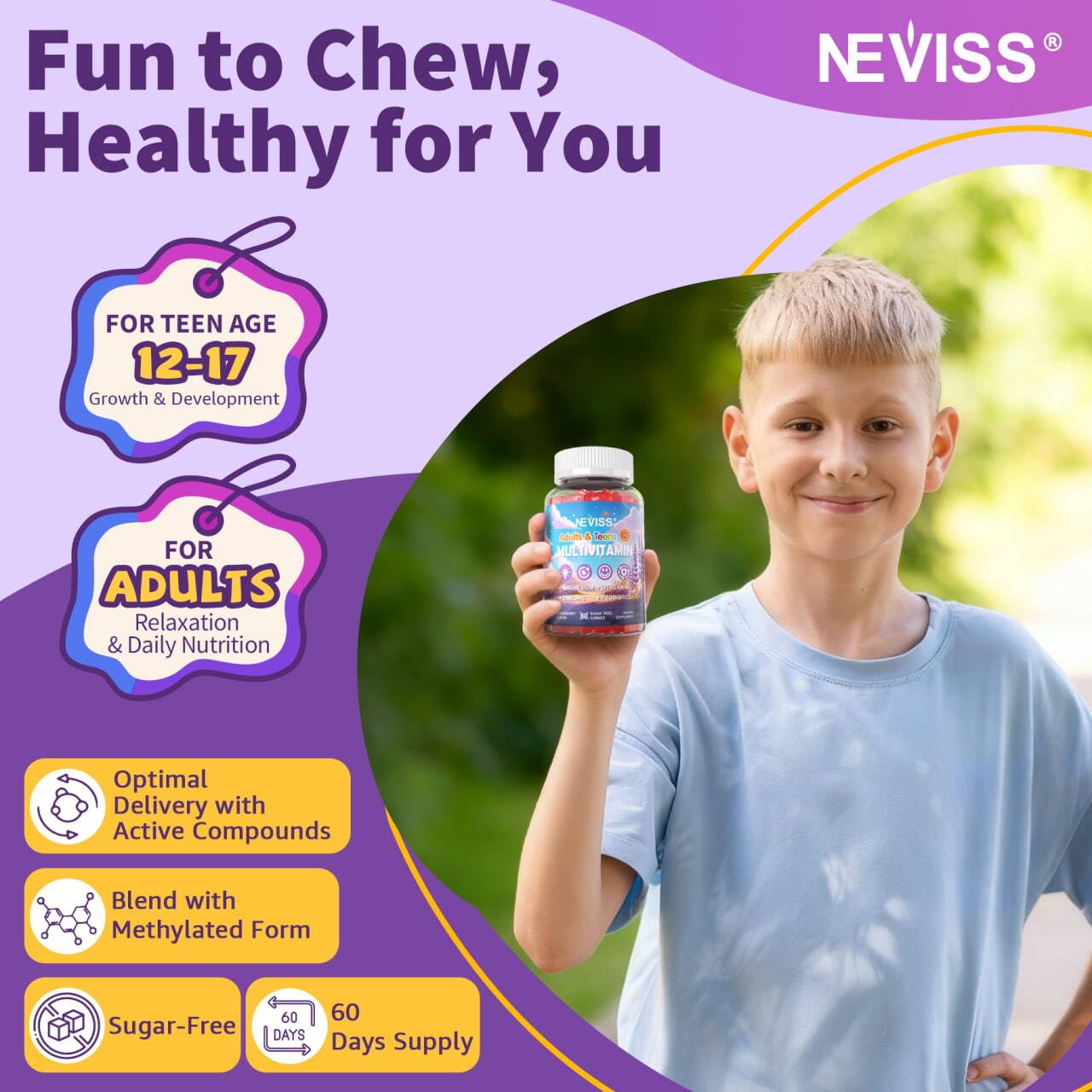 NEVISS vitaminas adolescentes gomitas: etiqueta brillante, beneficio para la salud ocular.