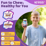 NEVISS vitaminas adolescentes gomitas: etiqueta brillante, beneficio para la salud ocular.