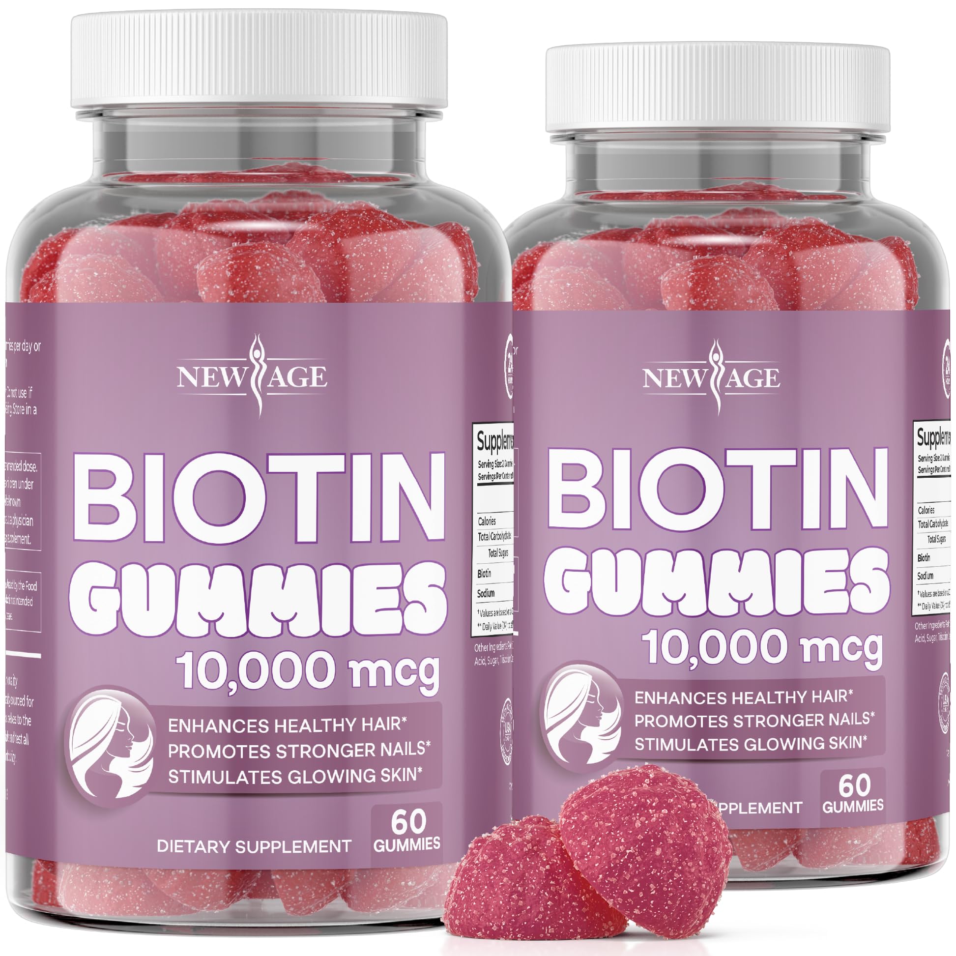 NEW AGE Biotina Gominolas en botella, ideal para cabello y piel.
