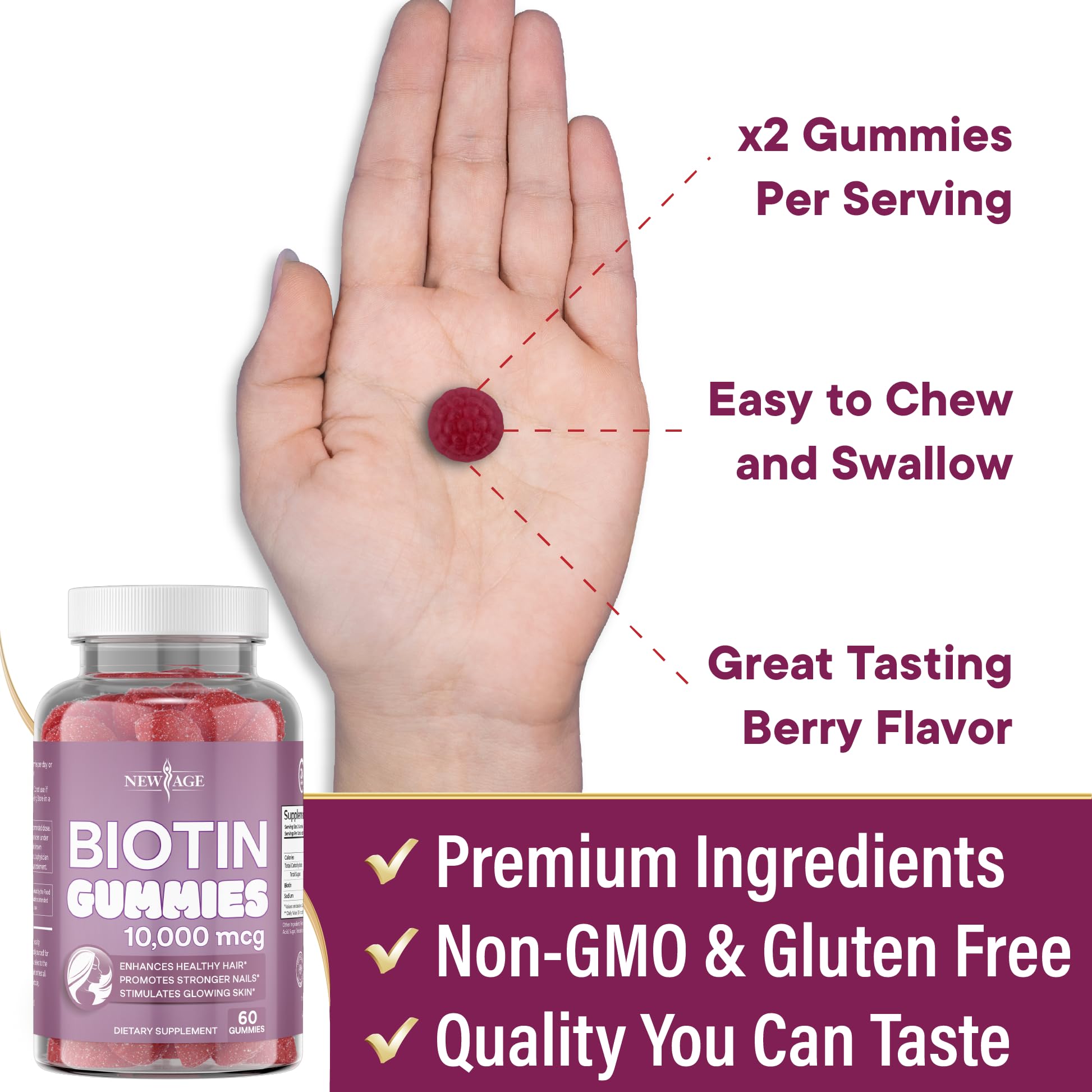 Gominolas NEW AGE Biotina, hechas en EE. UU., control de calidad visible.