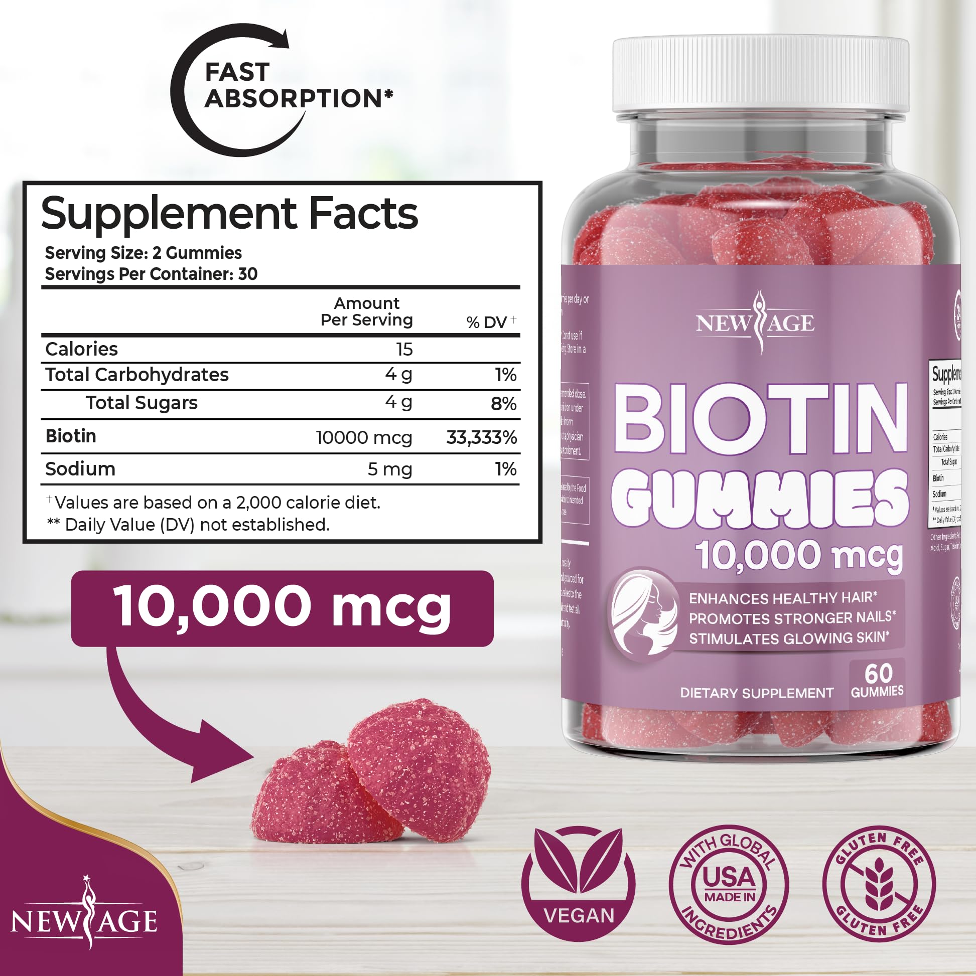 Gomitas NEW AGE Biotina, primer plano bayas, sabor natural diario.