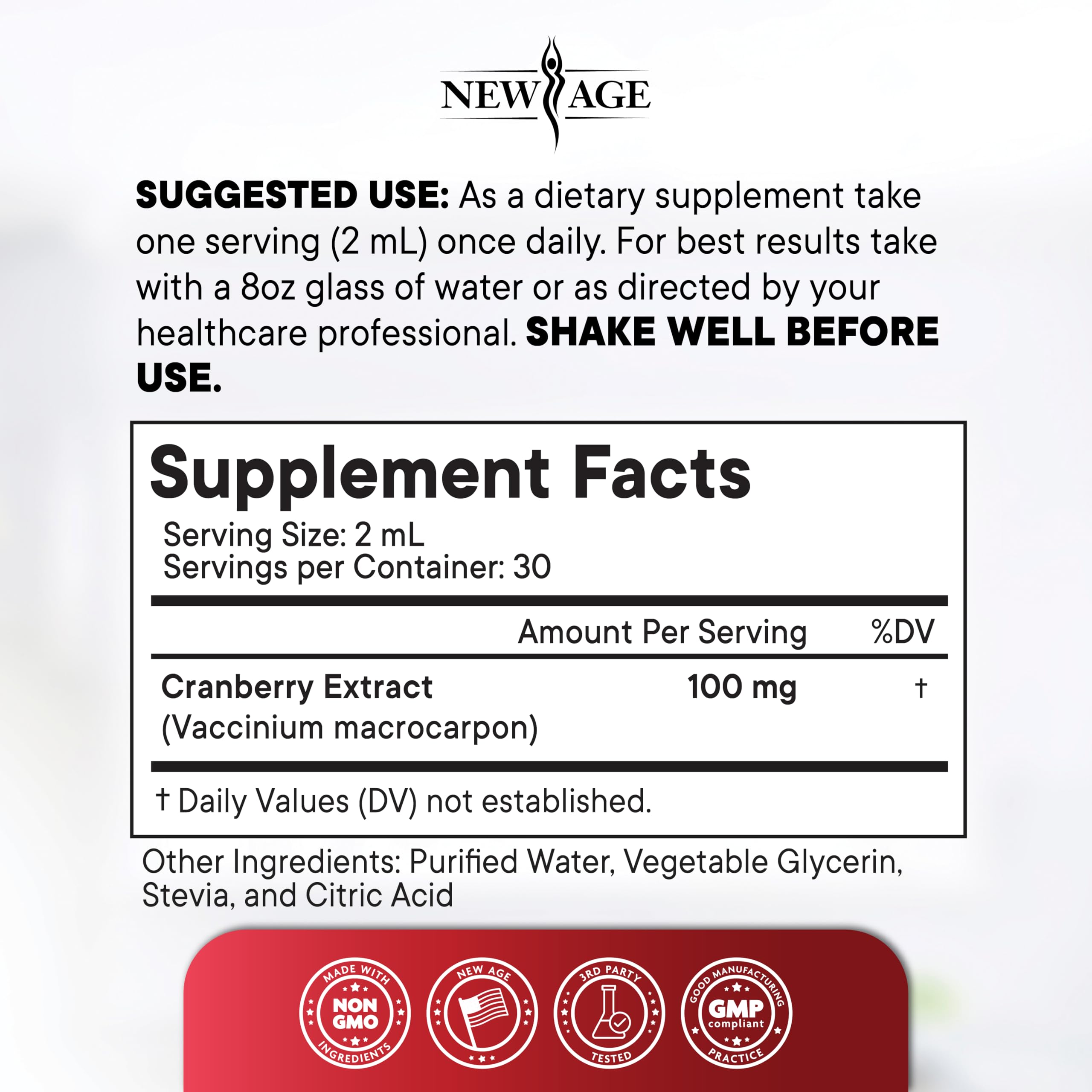 New Age Cranberry Drops etiqueta legible, información clara de ingredientes