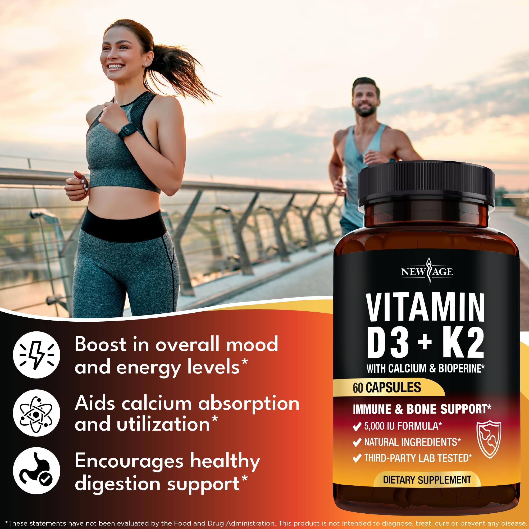 NEW AGE D3-K2 vegano certificado sin gluten para bienestar.