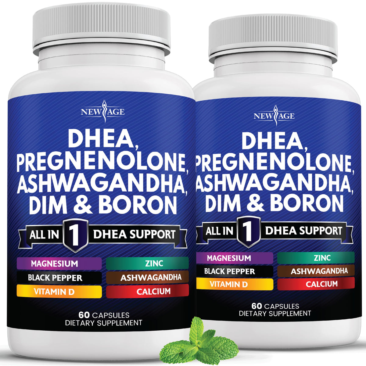NEW AGE DHEA cápsulas en frasco, apoyo hormonal posible para ambos sexos.