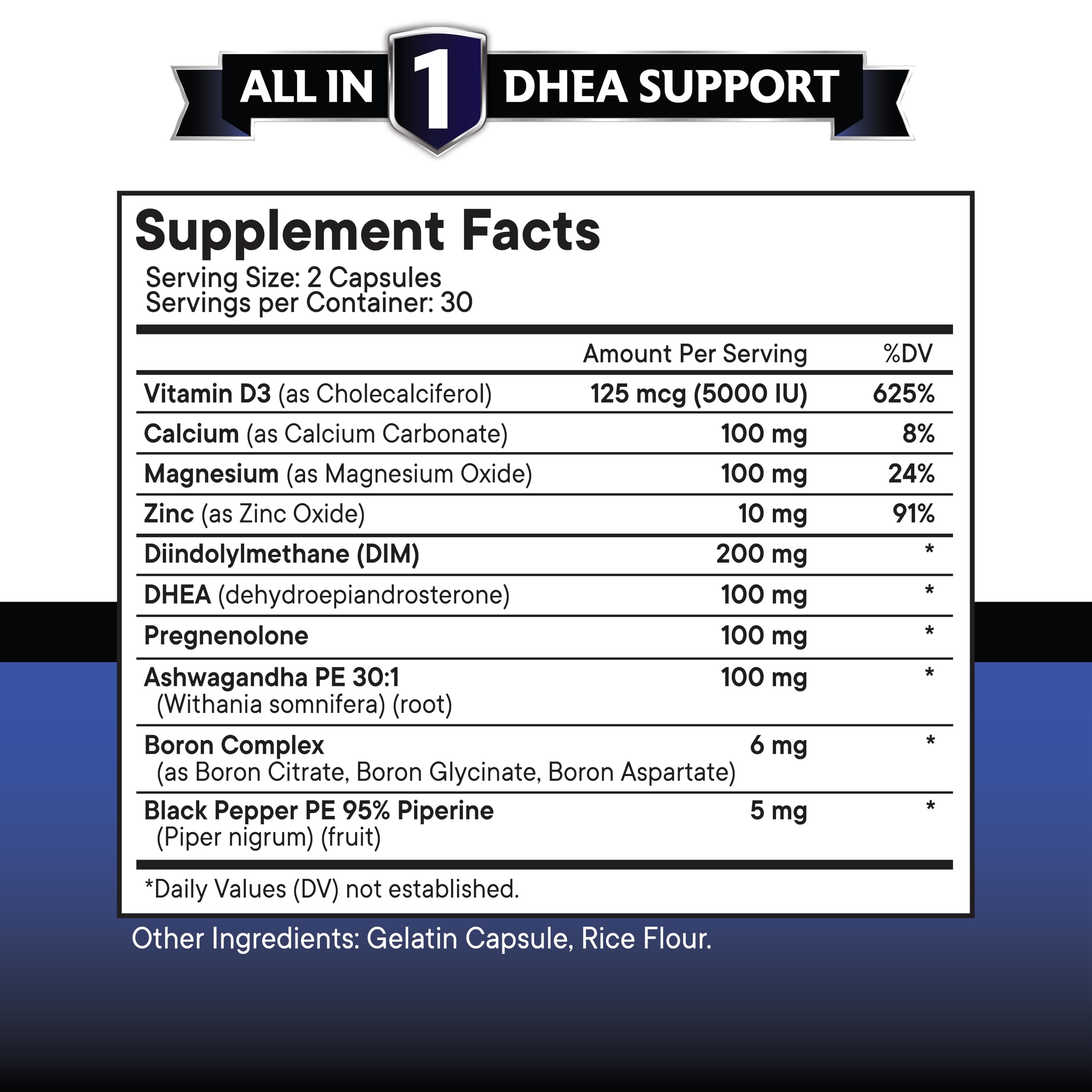 Etiqueta frontal de NEW AGE DHEA con DIM, ashwagandha y vitamina D3.