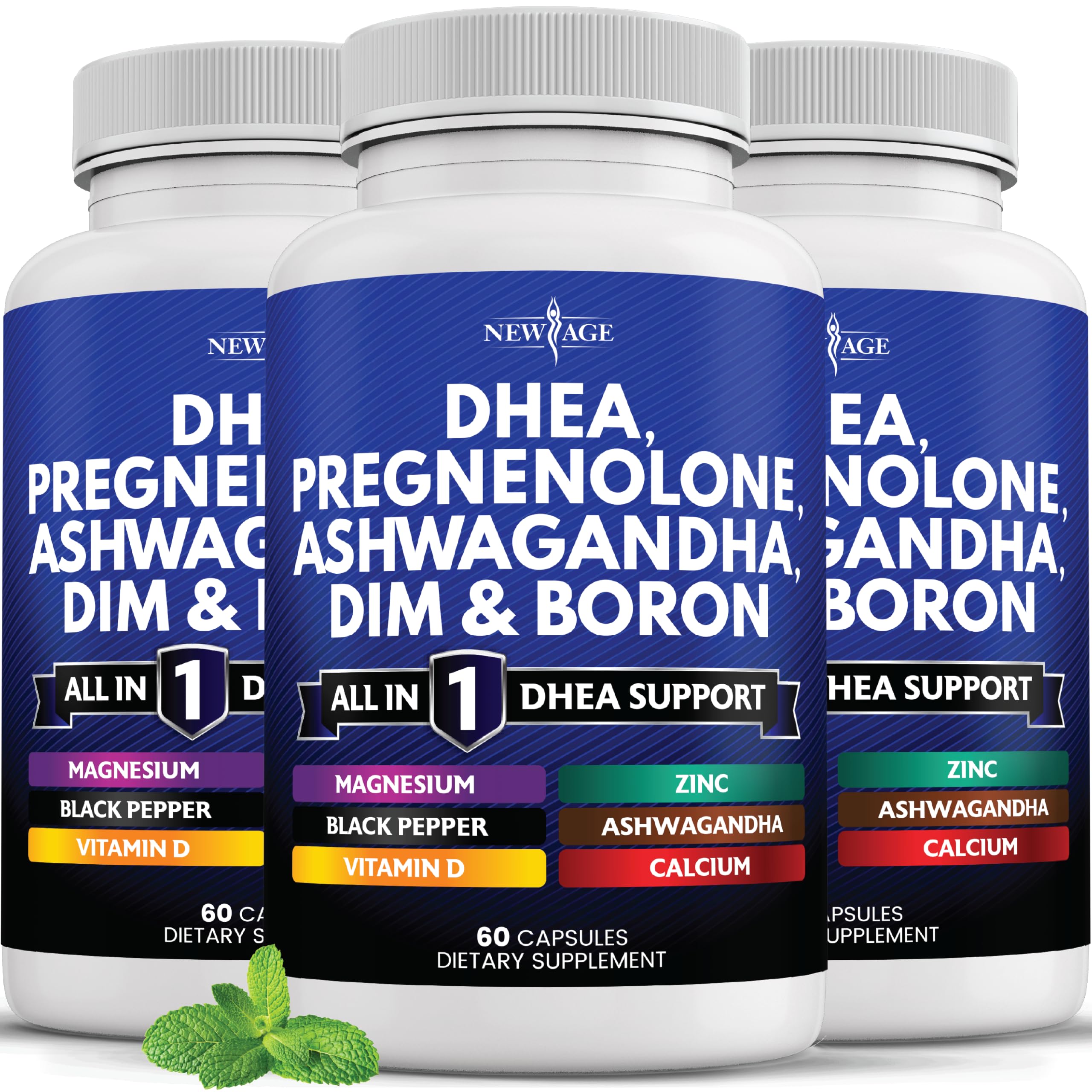 Frasco de NEW AGE DHEA para uso diario y conveniencia.