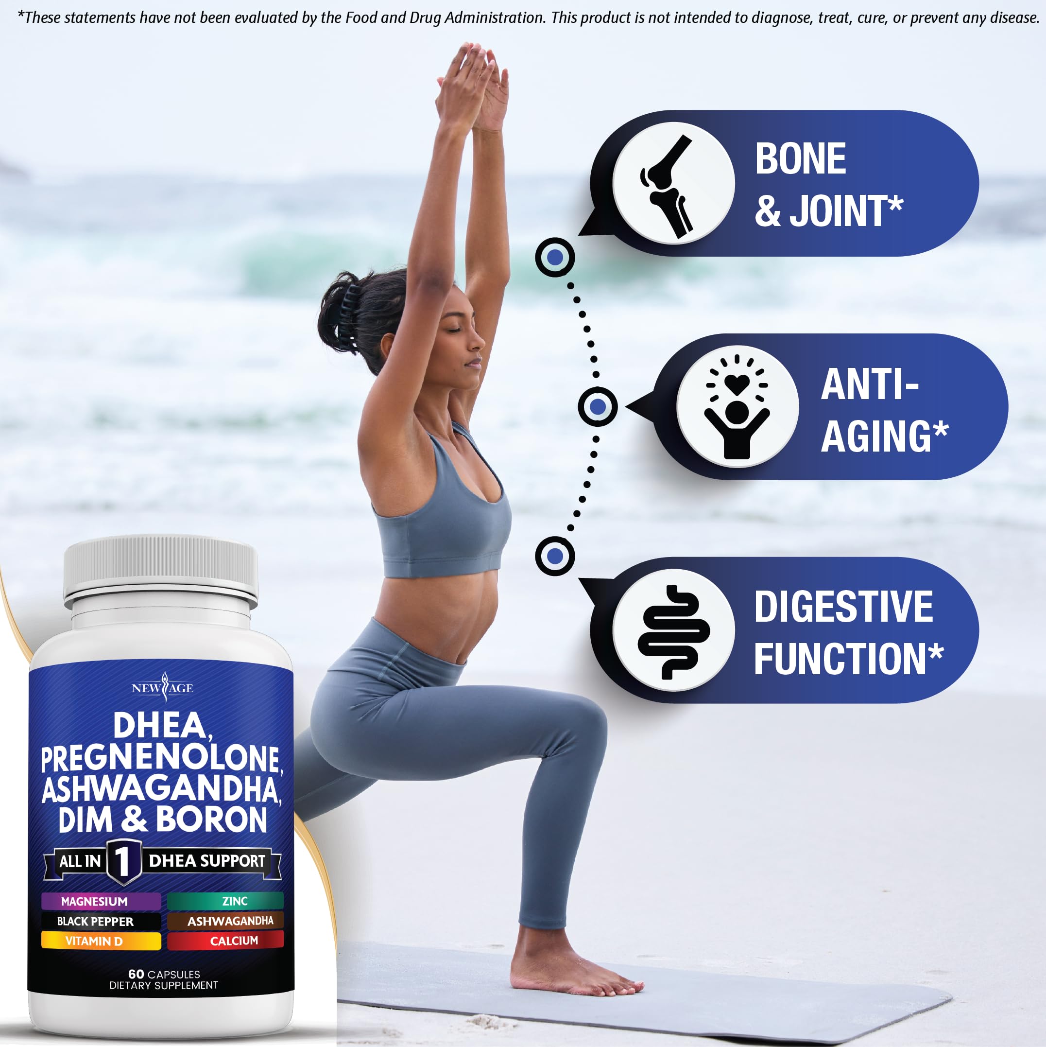 Lista de ingredientes clave de NEW AGE DHEA para equilibrio hormonal.