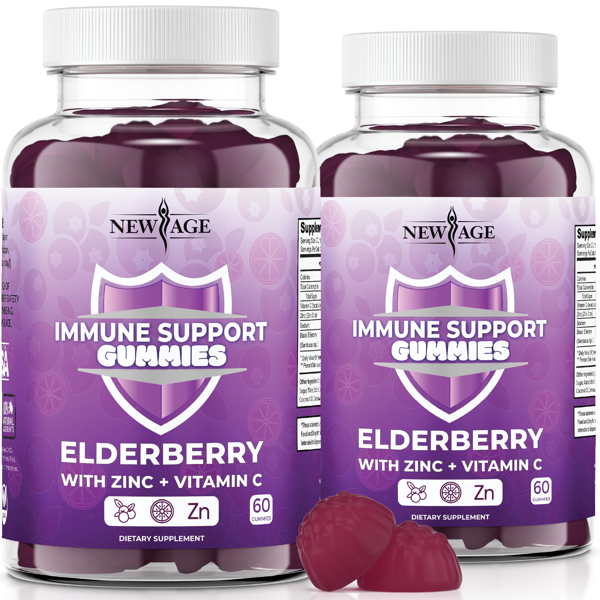 Goma NEW AGE de saúco negro con sabor frambuesa para apoyar la salud inmunitaria.
