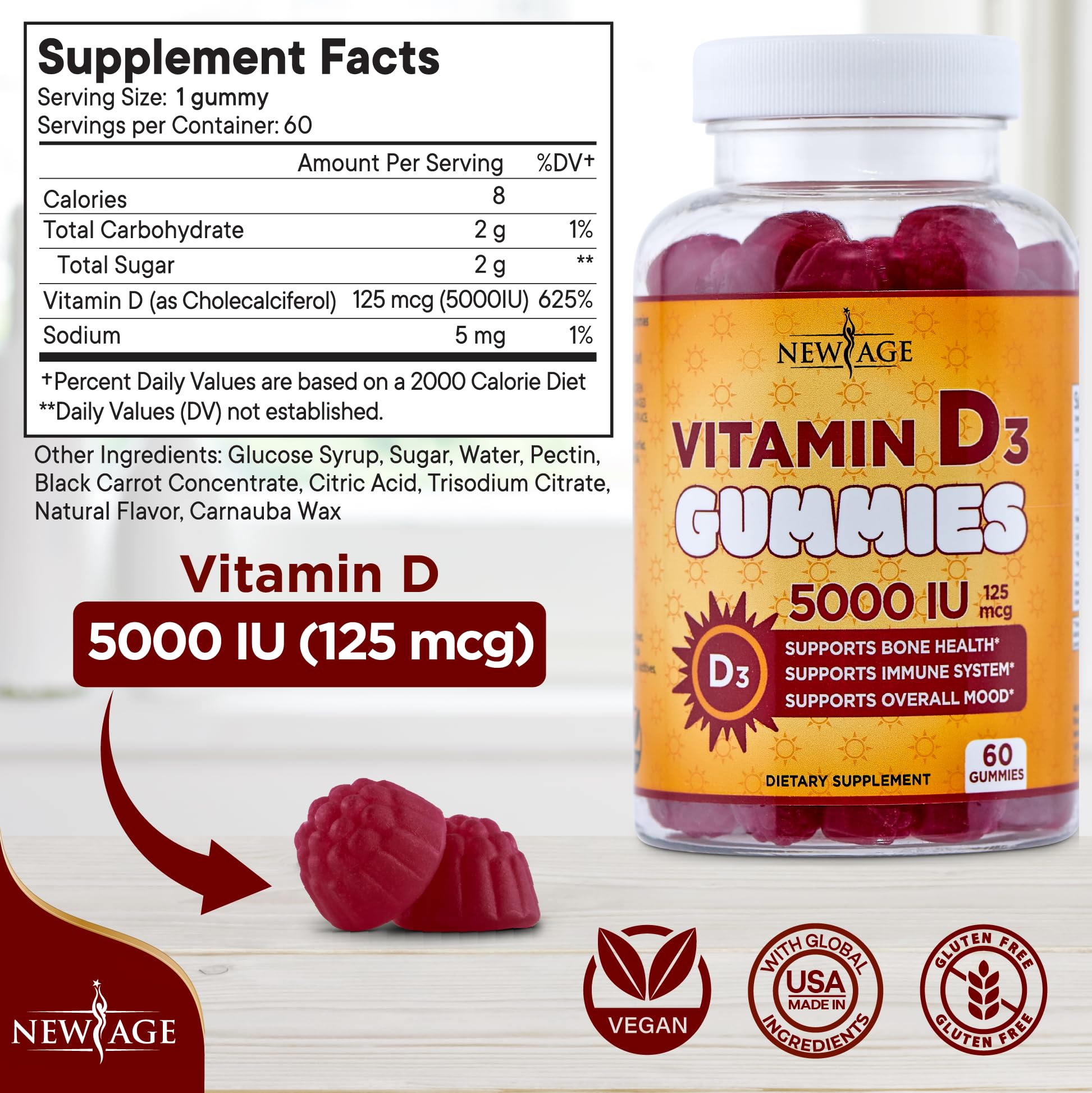 Gominolas D3 5000 UI con textura masticable para facilitar la ingesta.