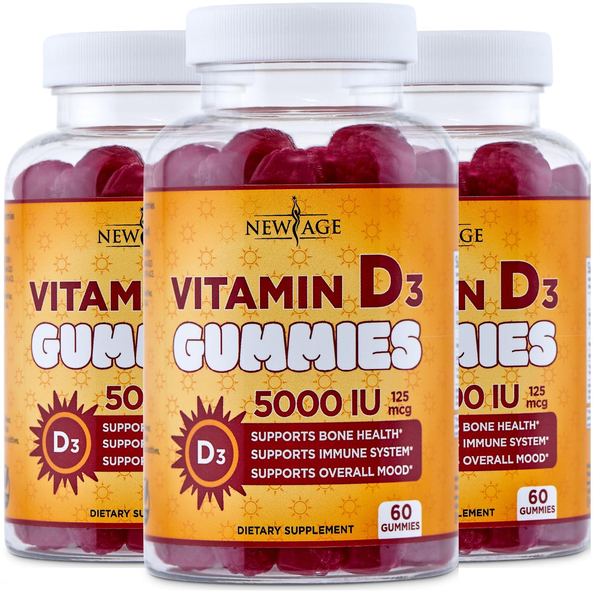 Gominolas NEW AGE vitamina D3 5000 UI en envase, fácil de usar diariamente
