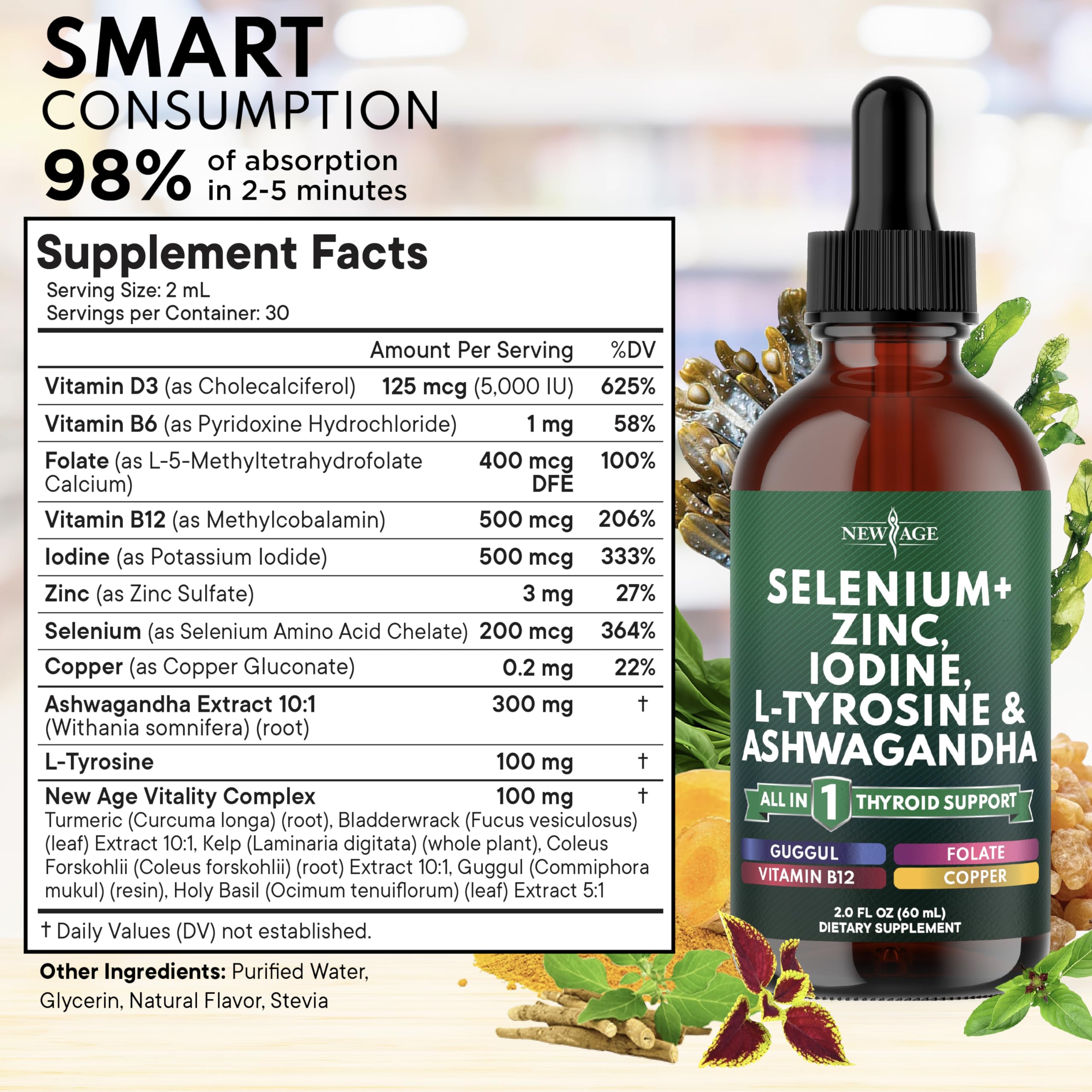 NEW AGE gotas de apoyo tiroideo, envase de 2 oz para almacenamiento.