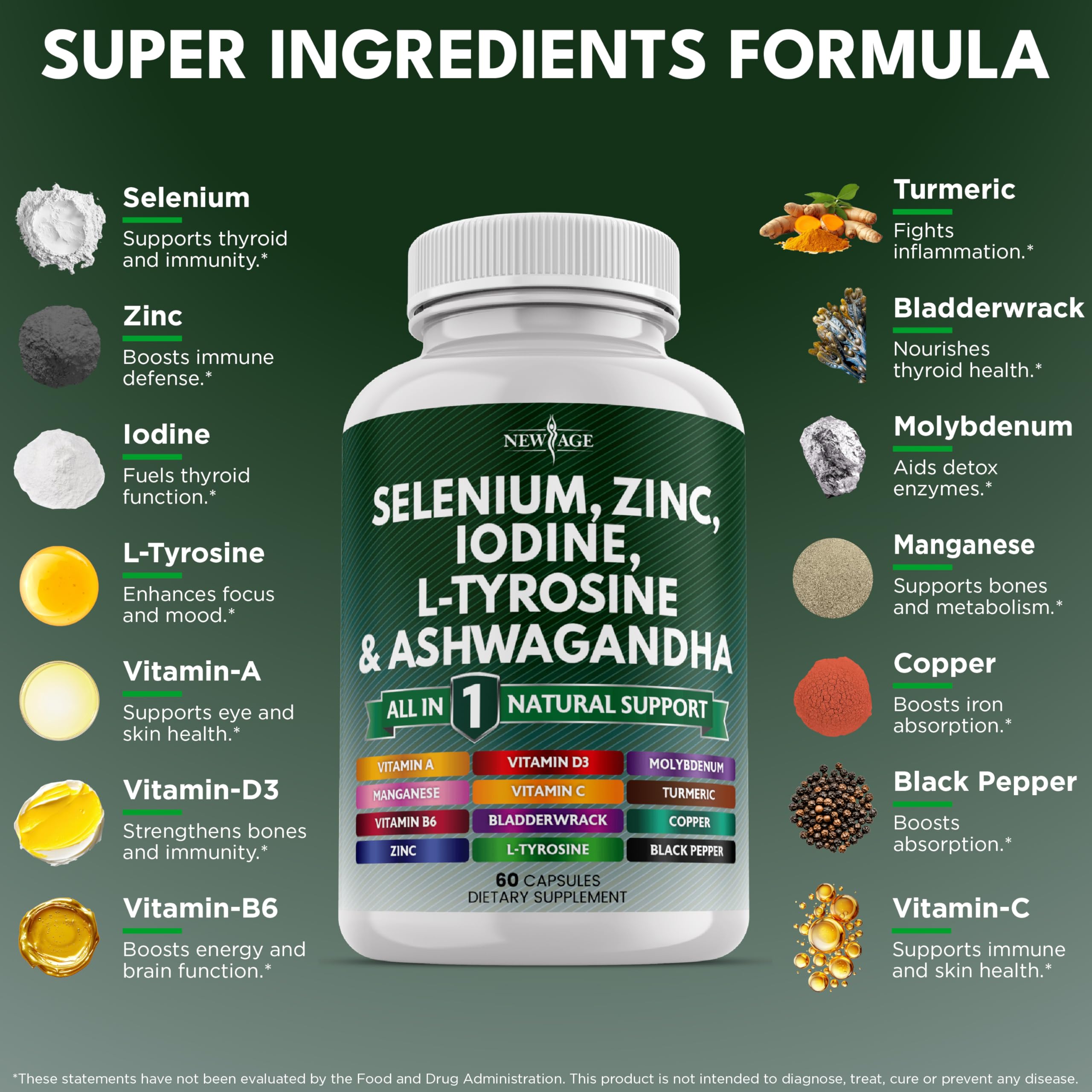 NEW AGE L-tirosina-ashwaganda: suplemento para energía y equilibrio diario.