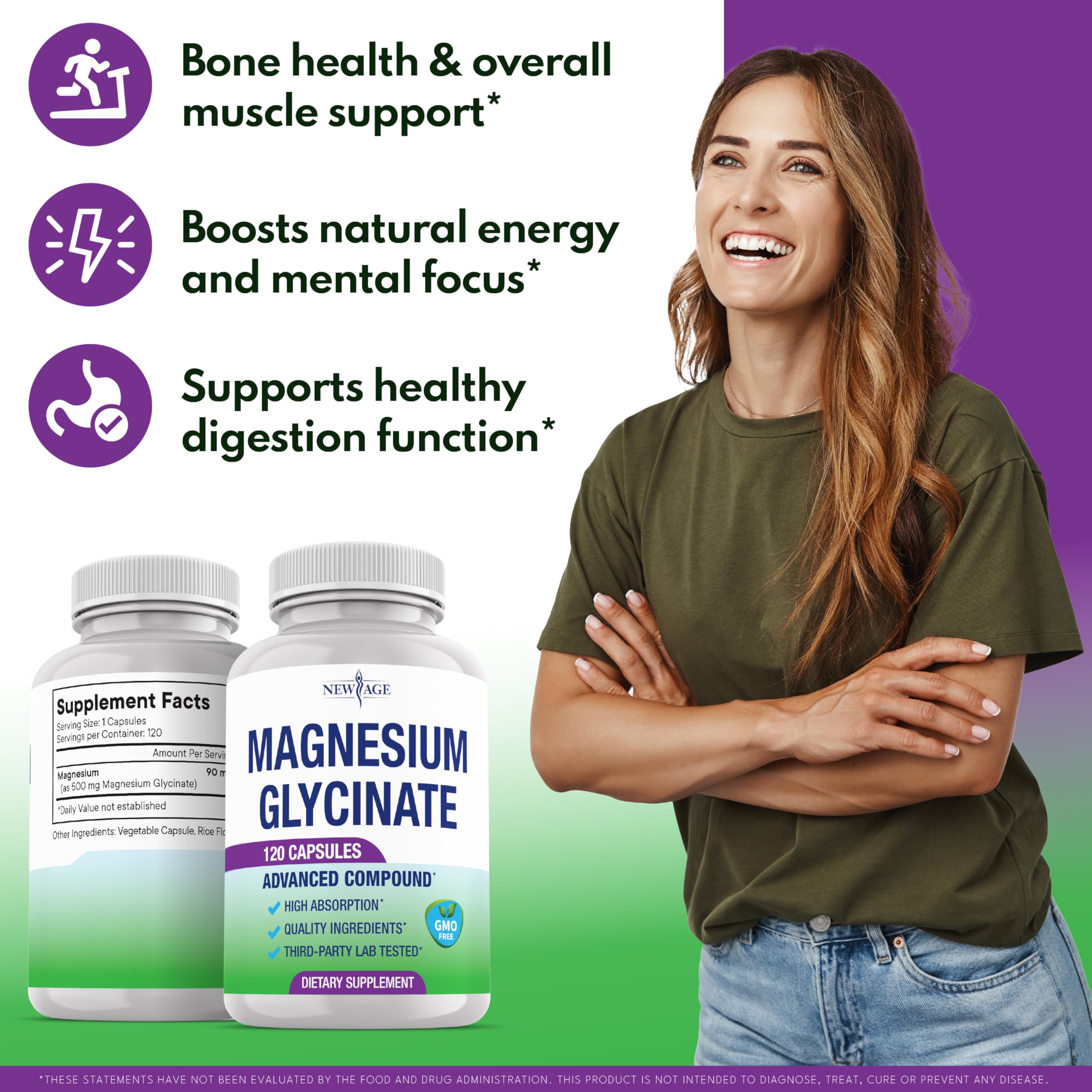 NEW AGE magnesio glicinato 500 mg cápsulas veganas para uso diario