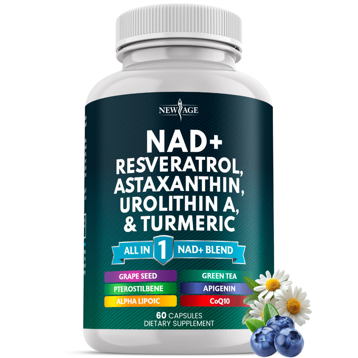 New Age NAD+, botella de cápsulas para uso diario y energía sostenida.