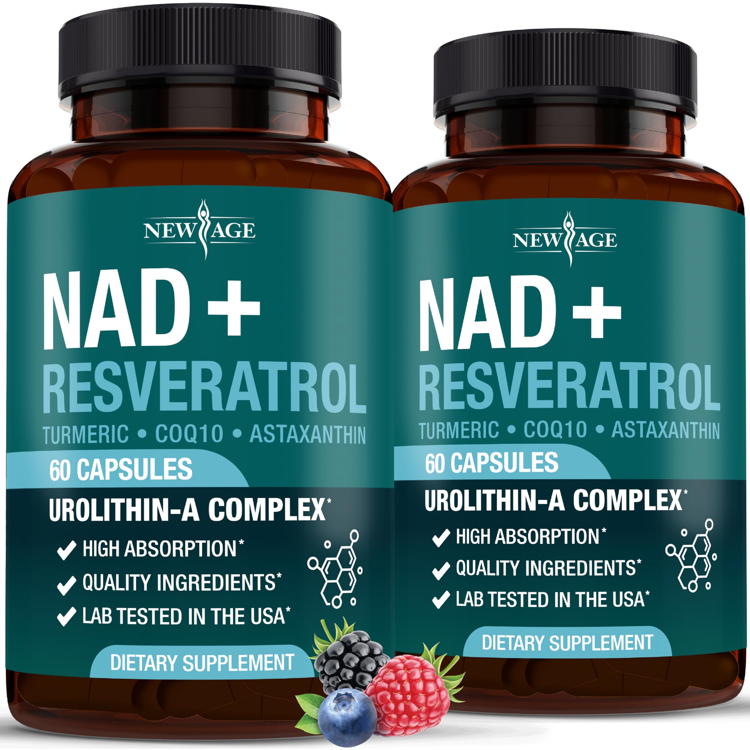 NEW AGE NAD+ cápsulas: frasco con NAD-300mg, posible energía diaria sostenida.