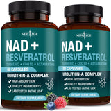 NEW AGE NAD+ cápsulas: frasco con NAD-300mg, posible energía diaria sostenida.