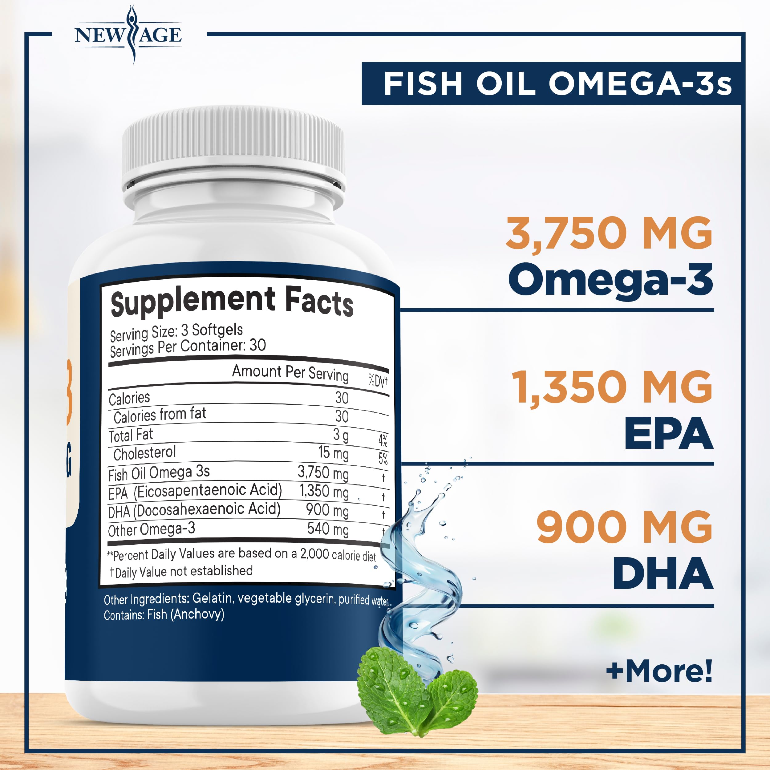 NEW AGE Omega 3 cápsulas sin sabor para consumo diario sin regusto