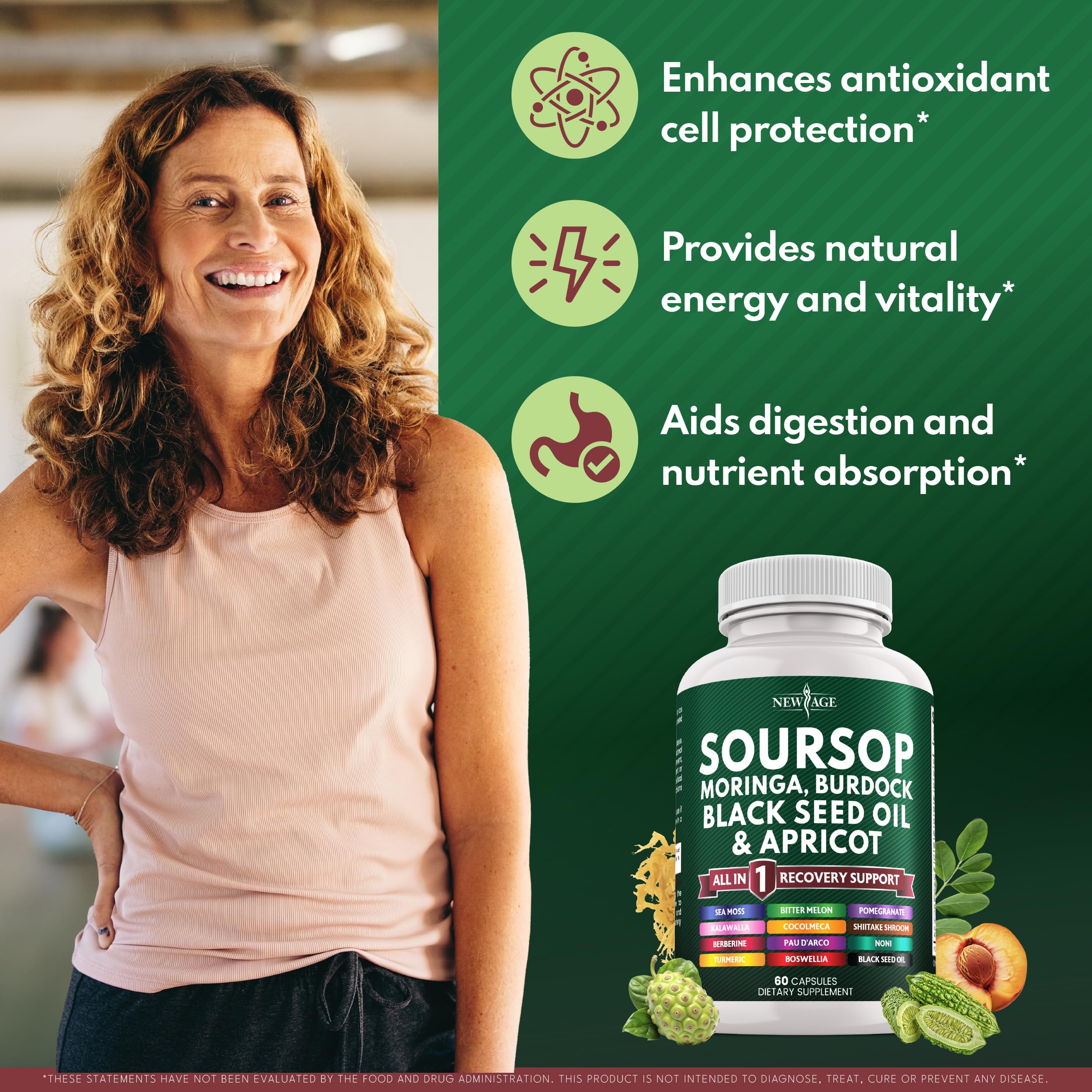 Capsulas de NEW AGE Soursop Suplemento, ingesta diaria conveniente.