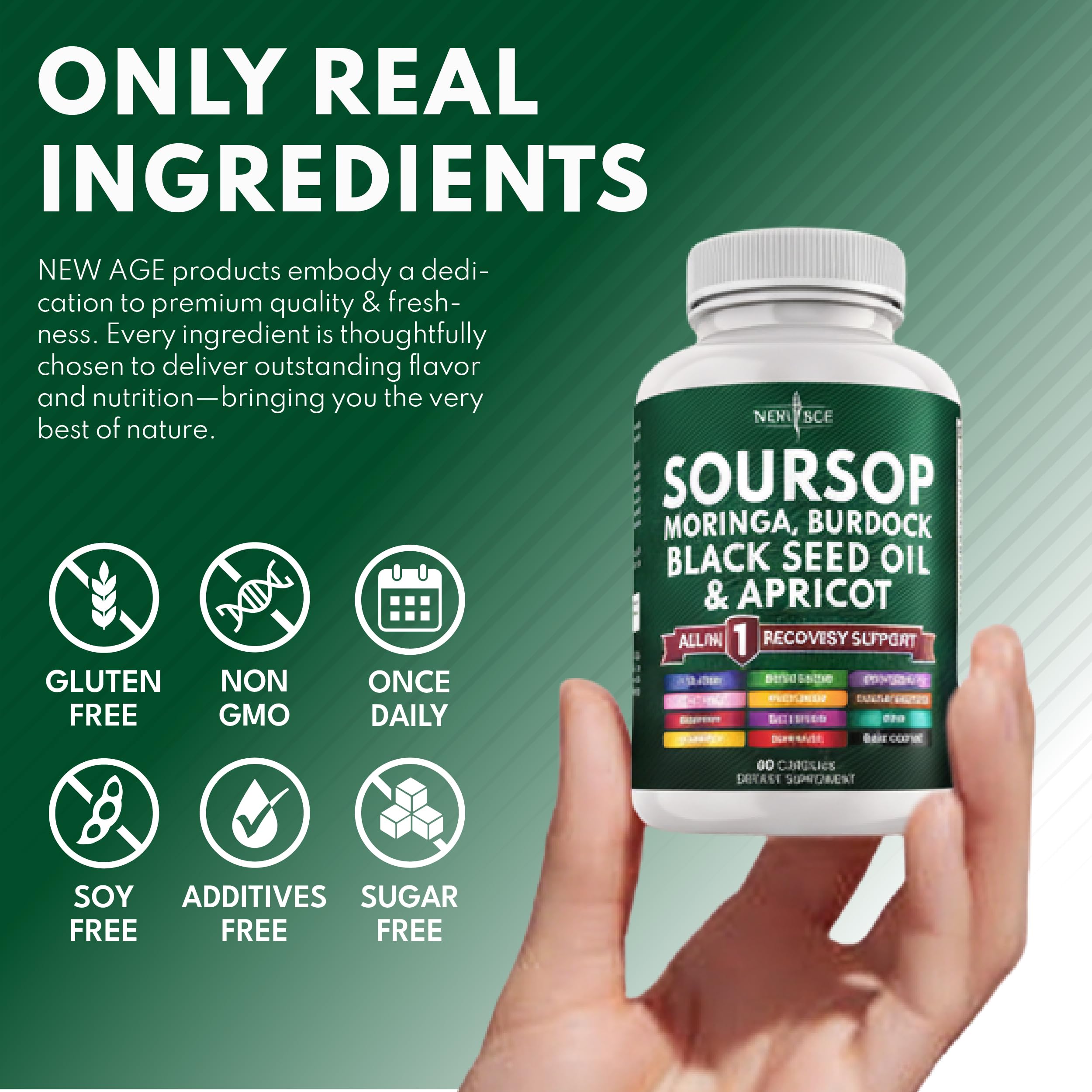 Vertido en vaso de NEW AGE Soursop Suplemento, experiencia sensorial.