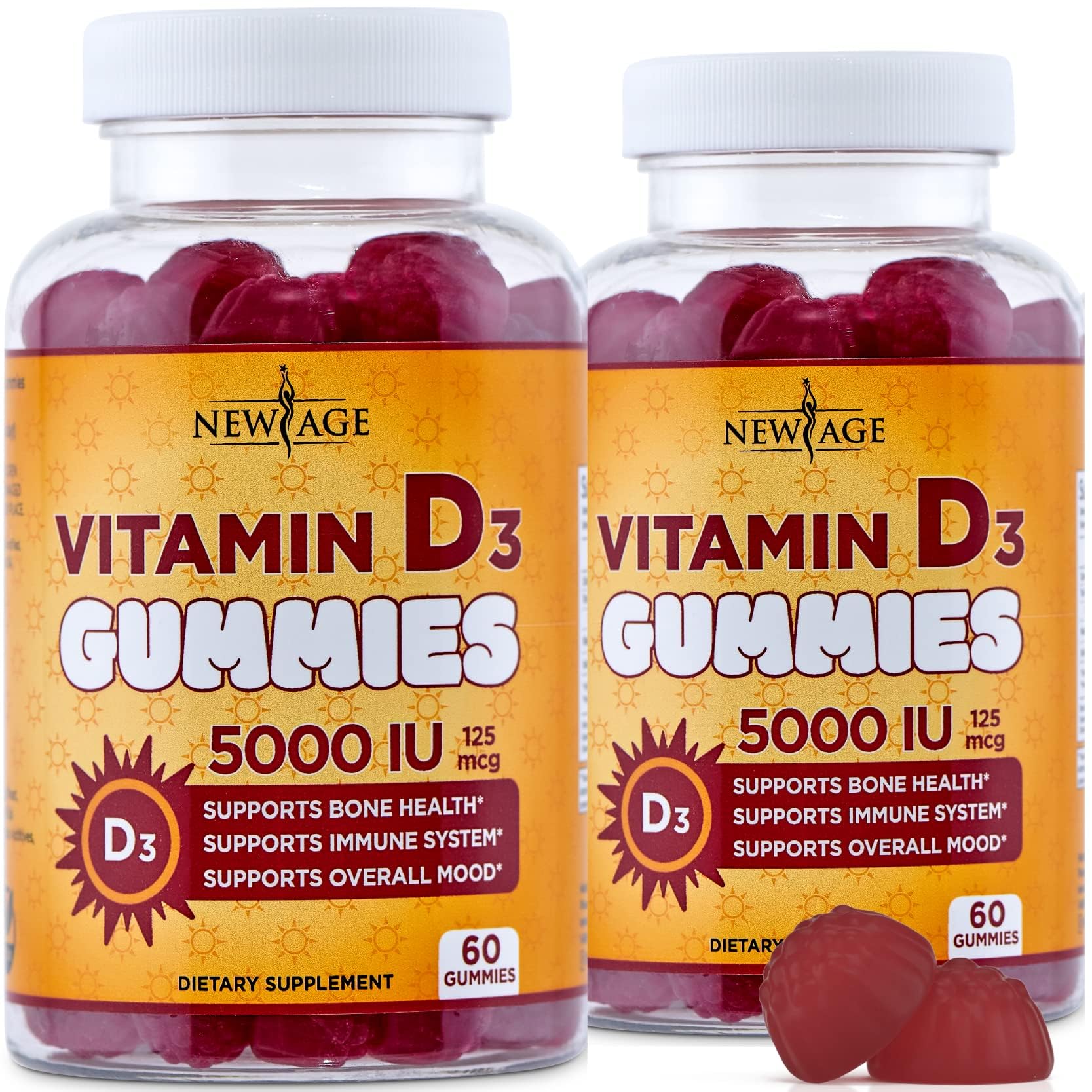 New Age Vitamina D3 5000 UI gominolas en envase para consumo diario.