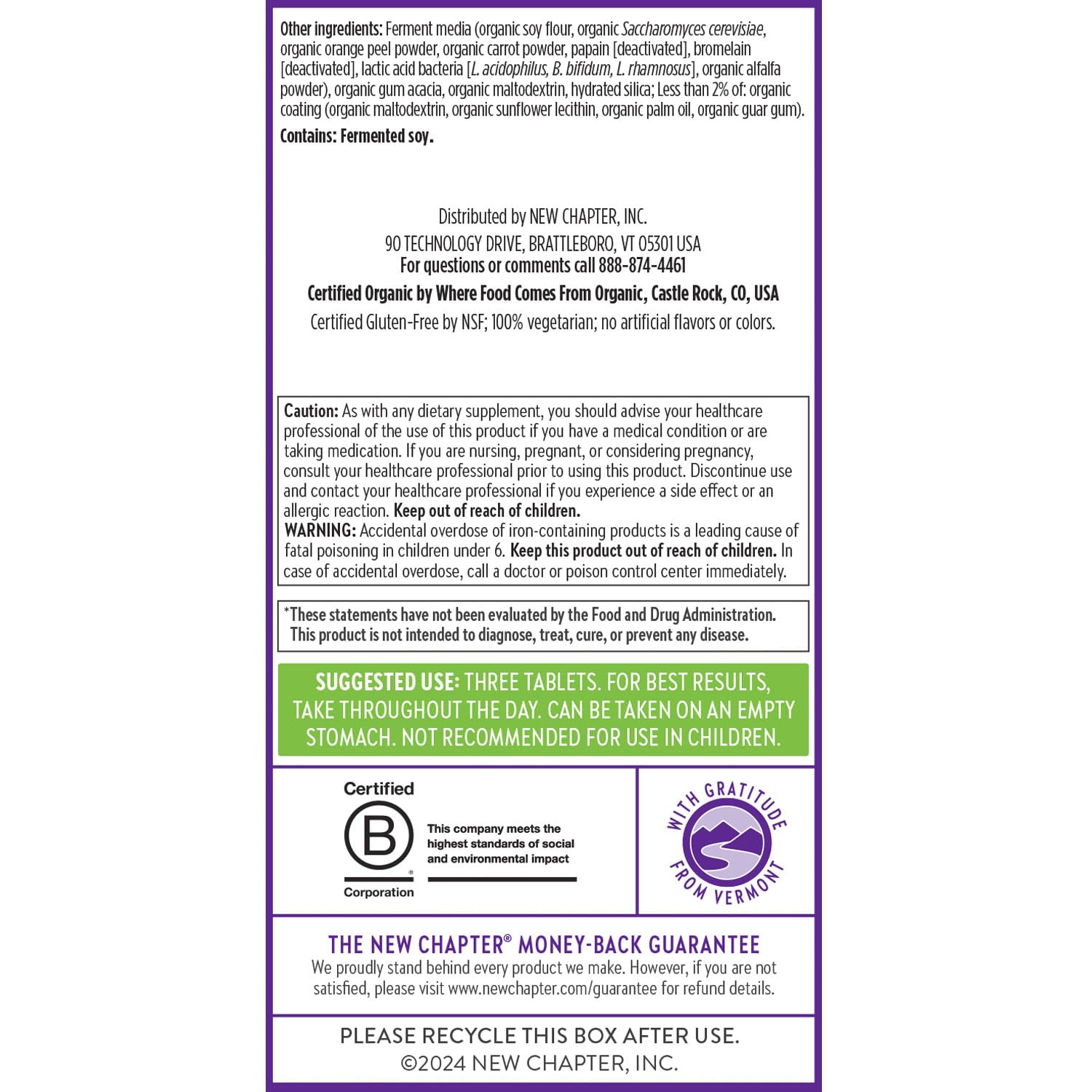 New Chapter Advanced Prenatal label notes kosher gluten-free and non-GMO status.